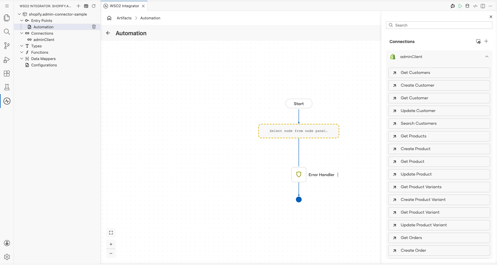 shopify.admin connection node expanded showing all available operations before selection