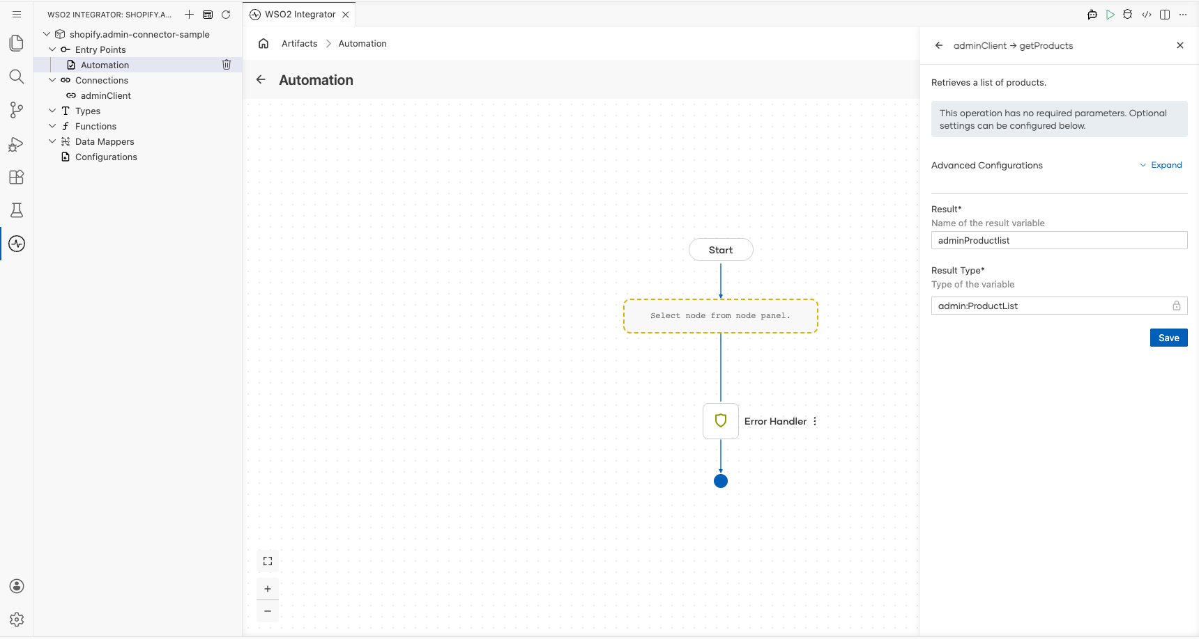 Operation configuration panel showing all filled values for the Shopify Admin operation