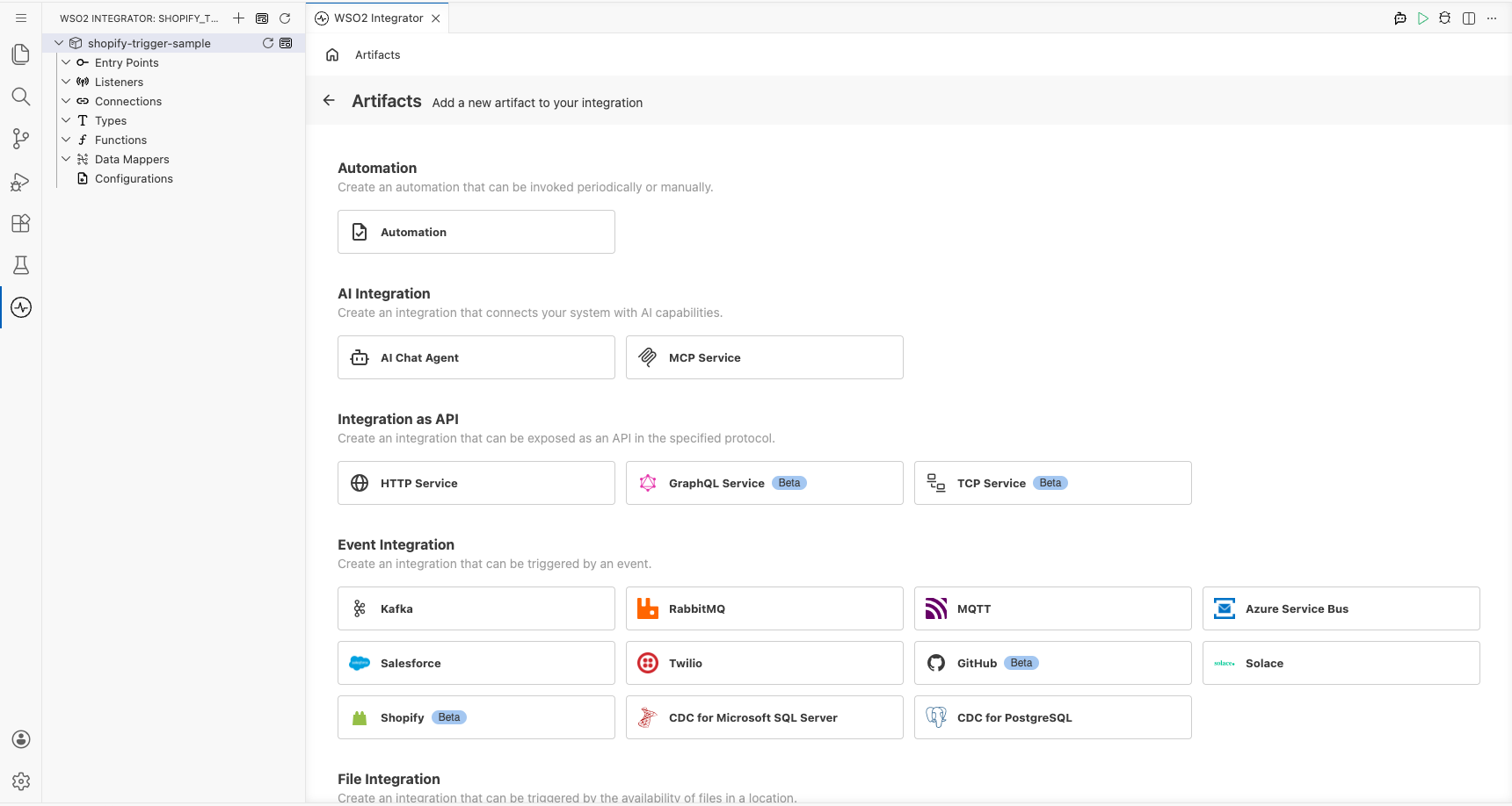 Artifacts palette open showing the Event Integration category with the Shopify trigger card visible