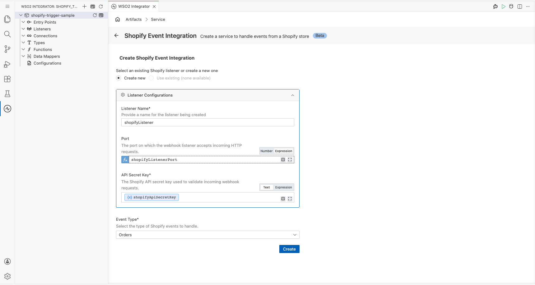 Shopify trigger configuration form with all listener parameters bound to configuration variables, before clicking Create