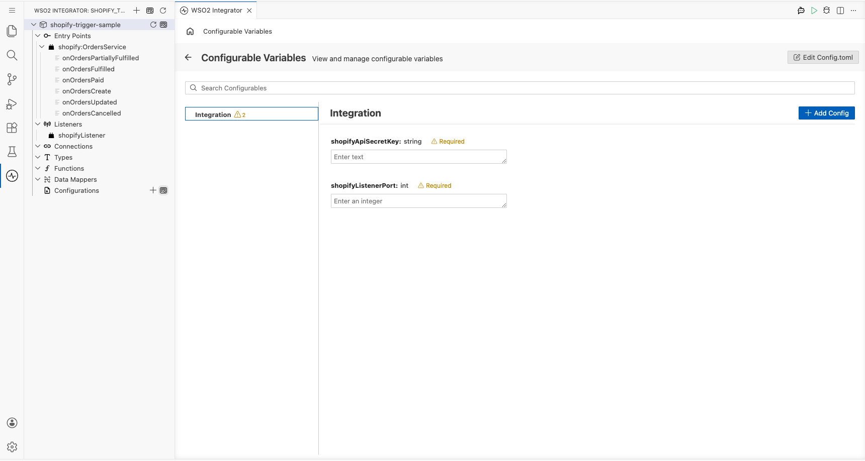Configurations panel open showing the configurable variables listed with empty value fields
