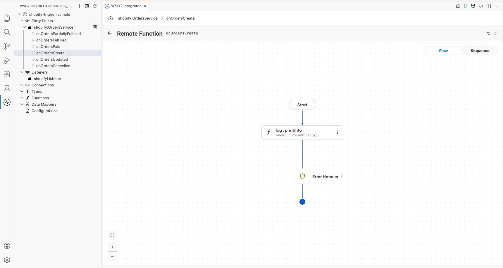 Handler flow canvas for onOrdersCreate showing the log step added between Start and Error Handler
