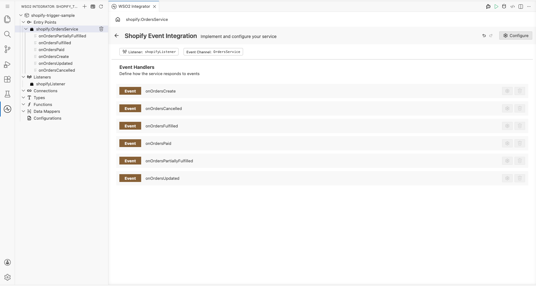 Final Service view showing all registered Orders event handlers in the Event Handlers list