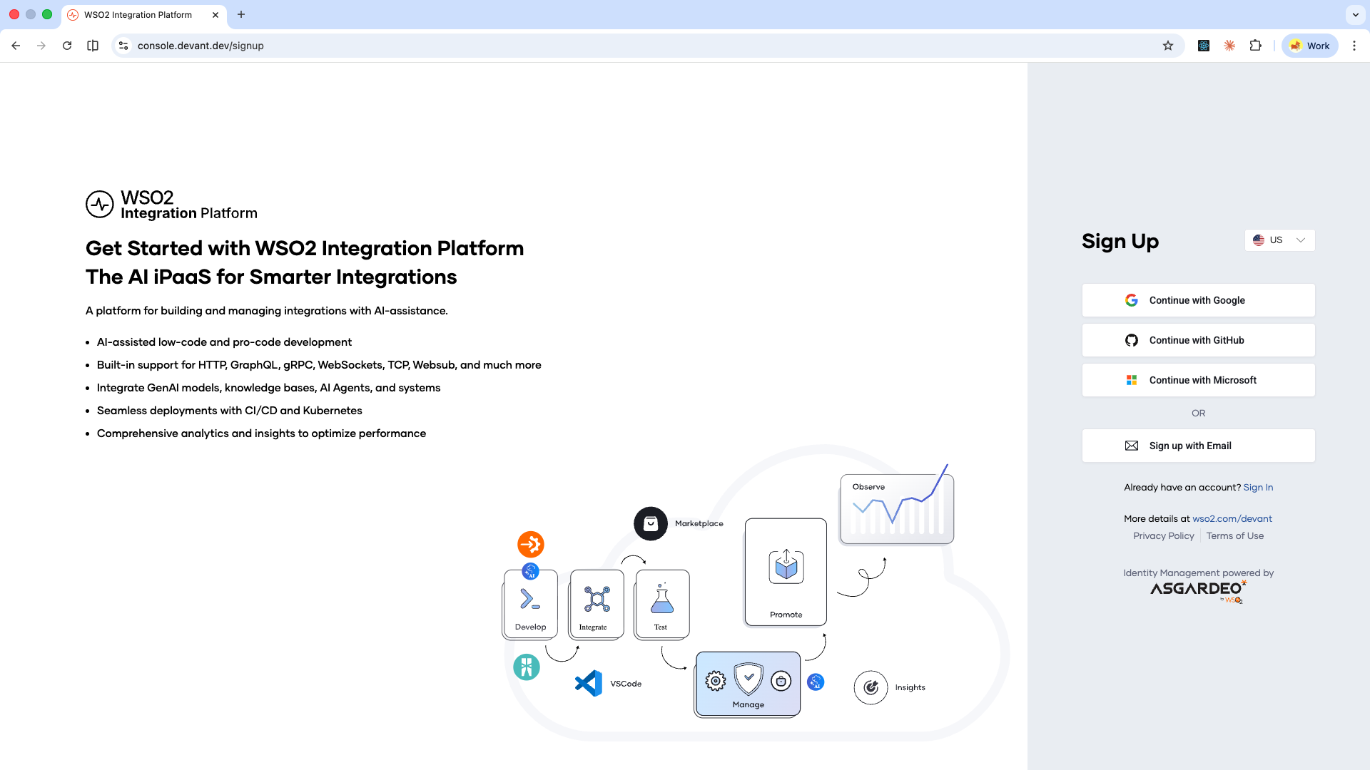 WSO2 Cloud sign-up page with available sign-up options