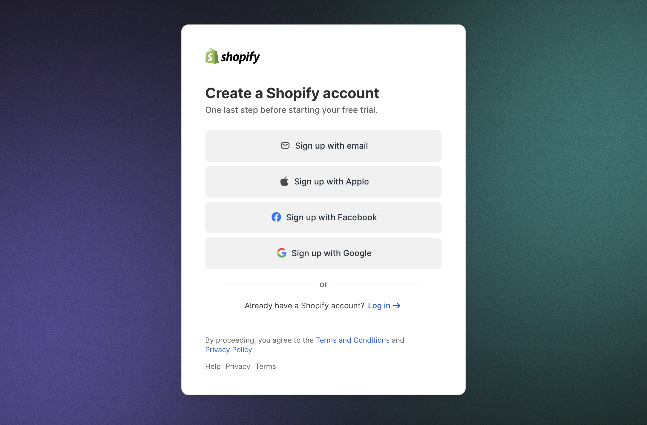 Shopify signup page