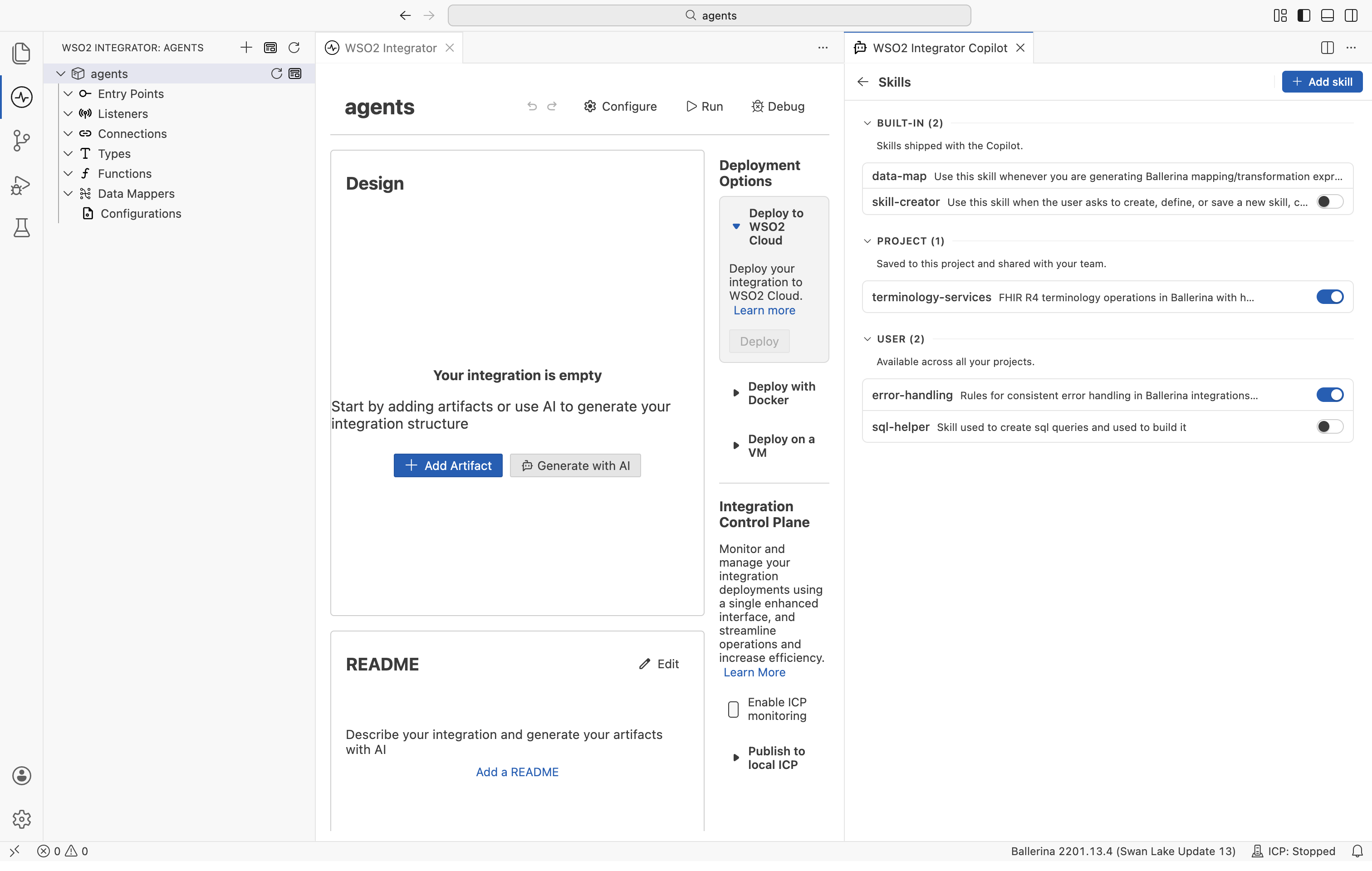 The Skills panel listing built-in, project, and user skills with enable toggles.