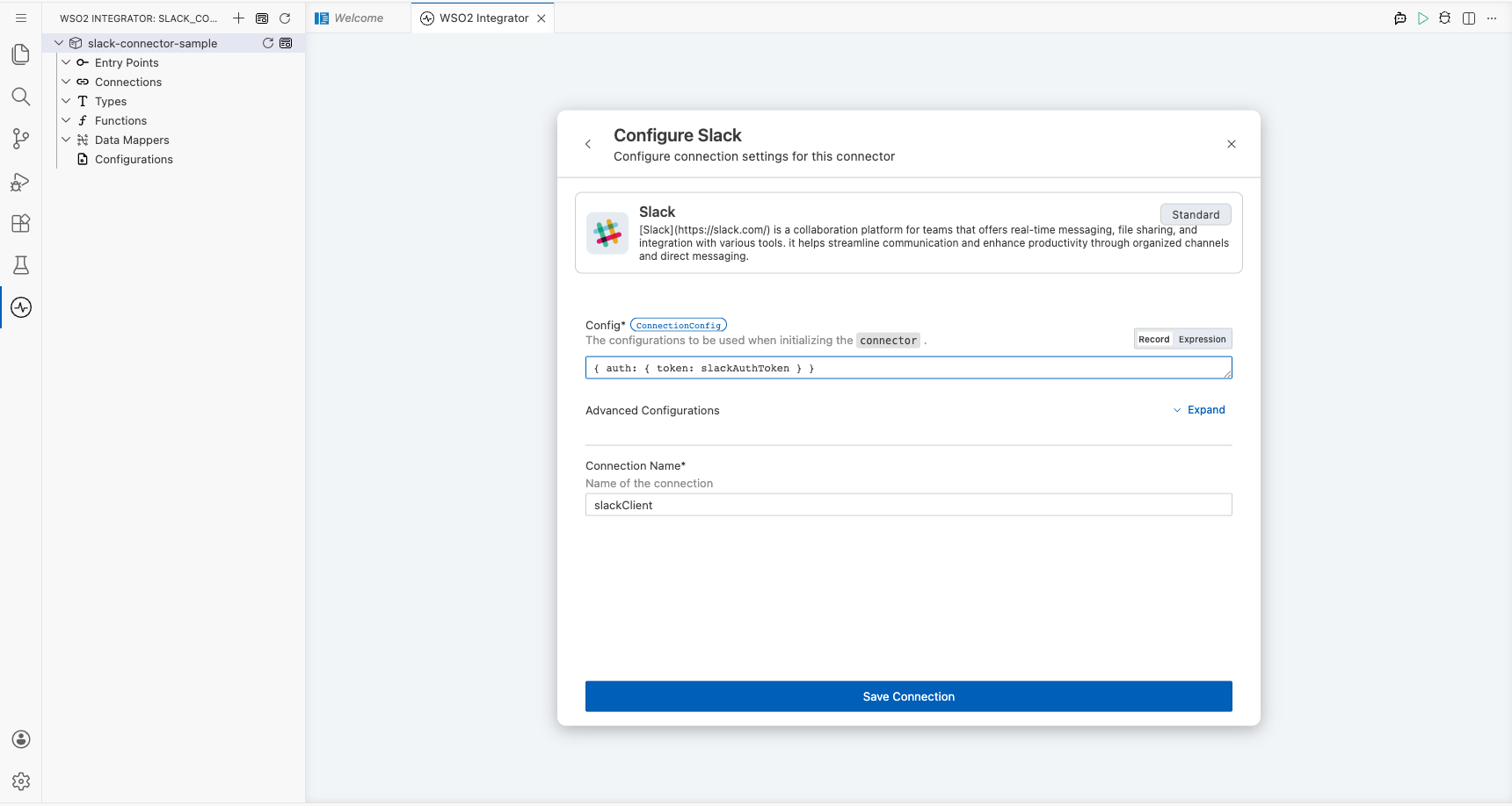 Slack connection form fully filled with all parameters before saving