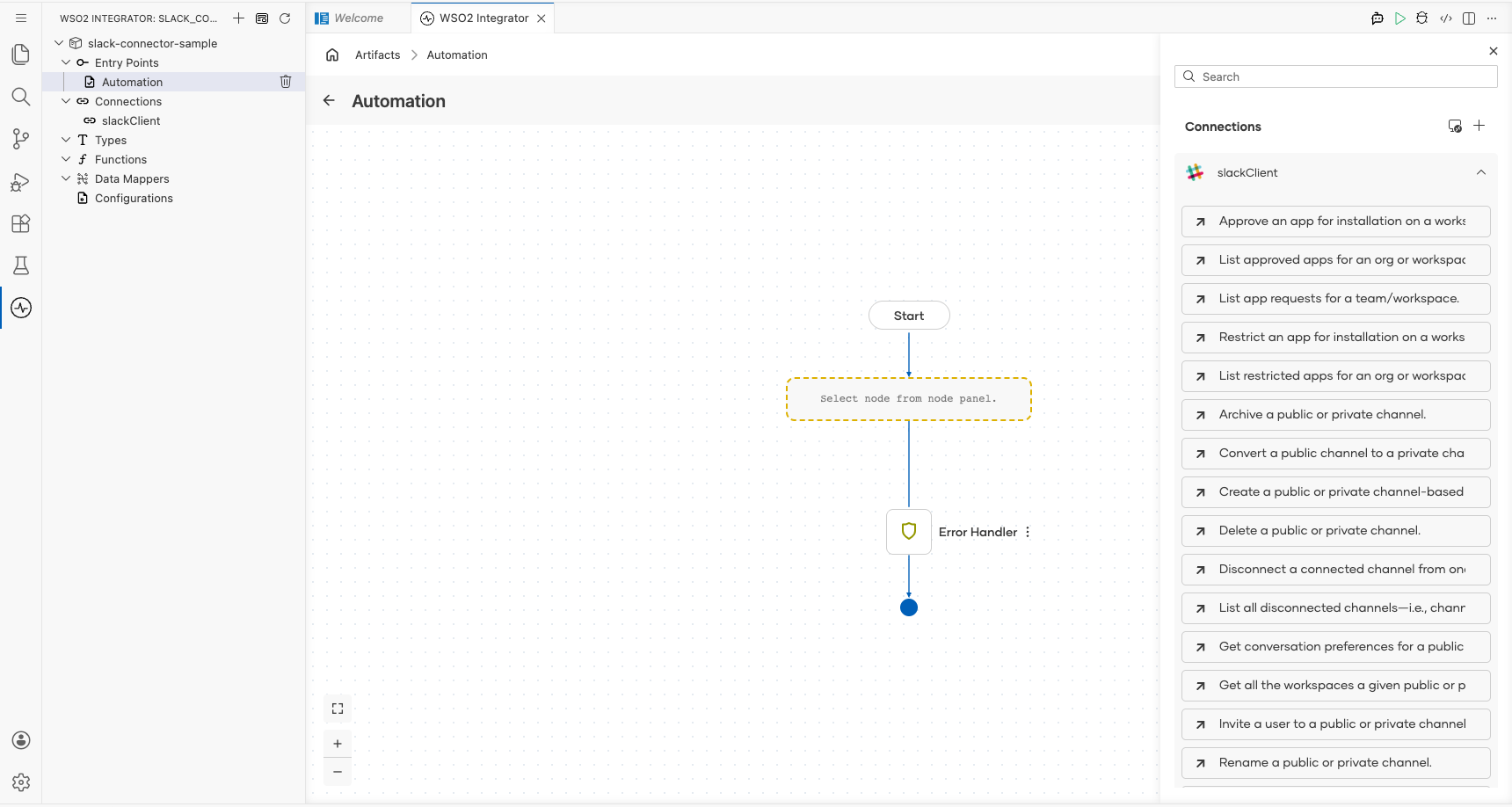 Slack connection node expanded showing all available operations before selection