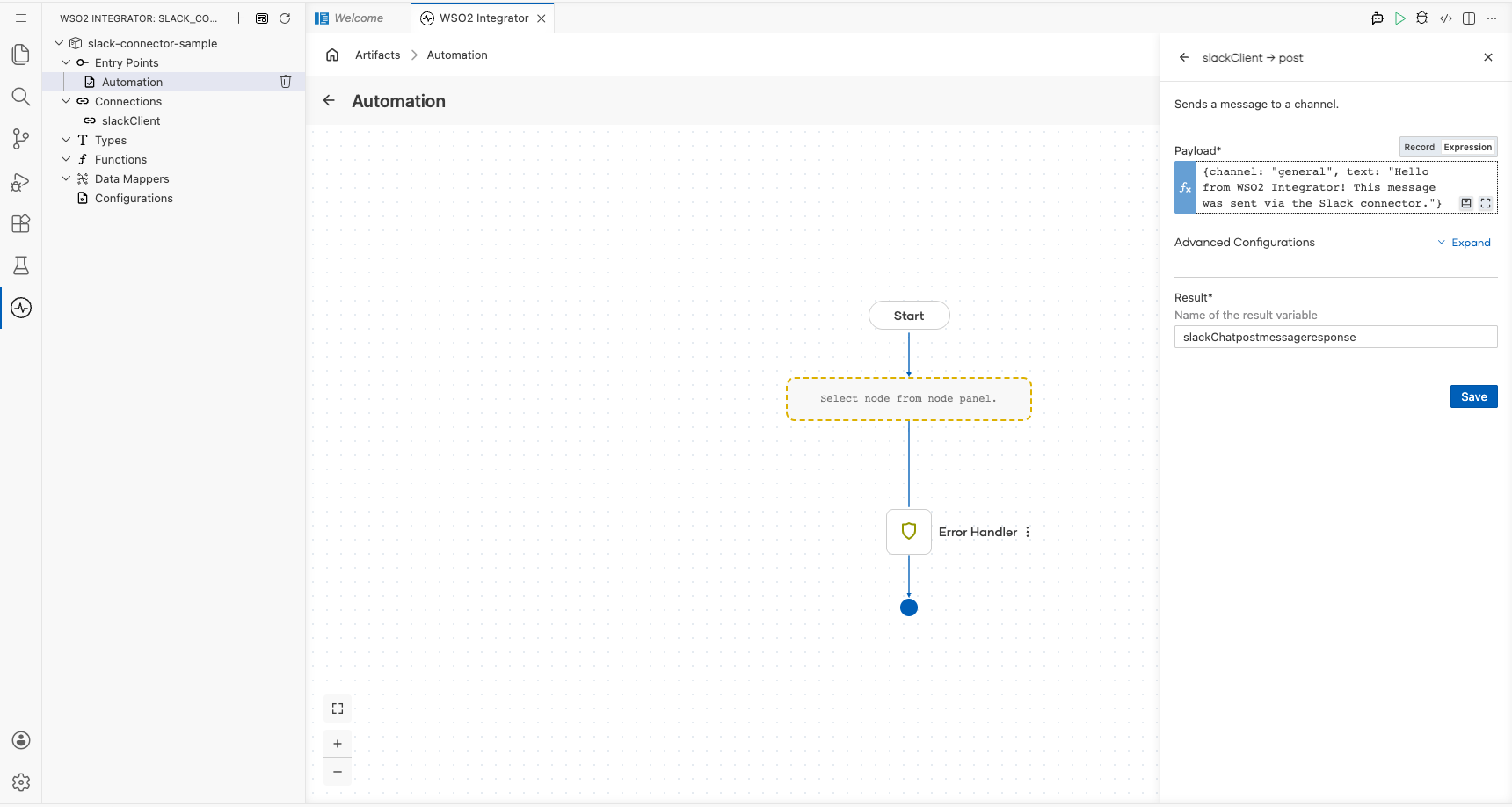 Slack post operation configuration filled with all values