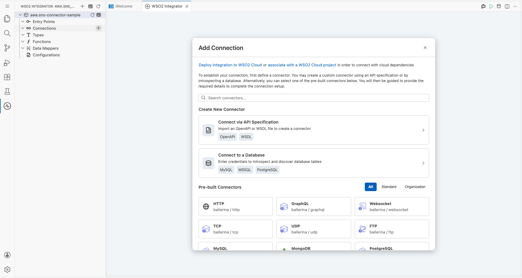 AWS SNS connector palette open with search field before any selection