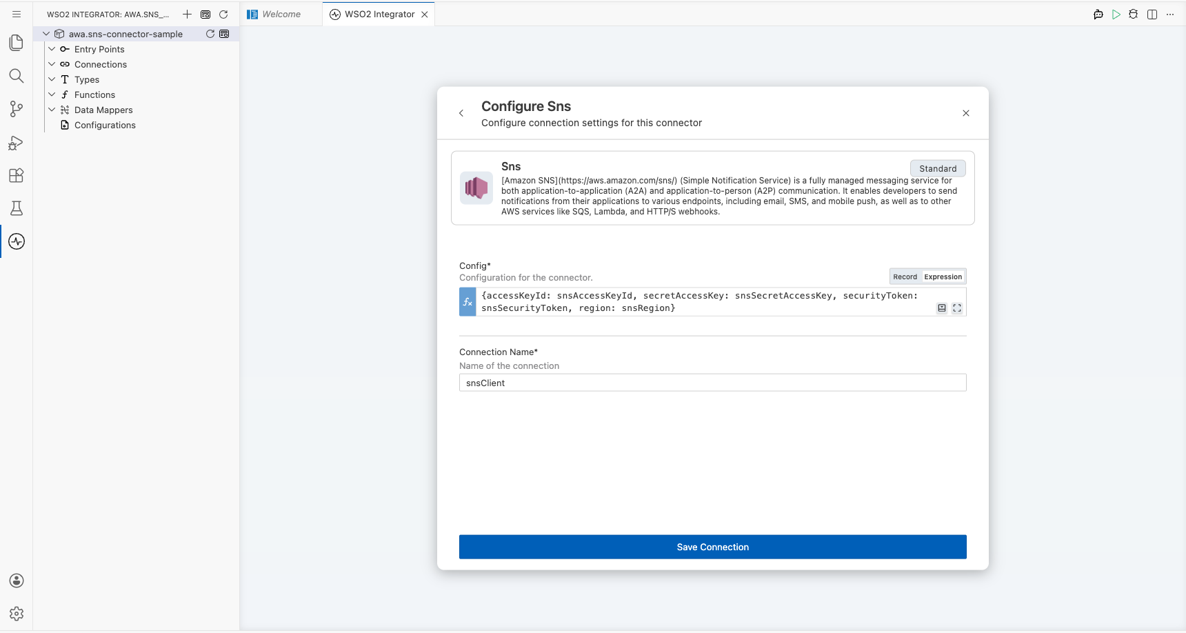 AWS SNS connection form fully filled with all parameters before saving