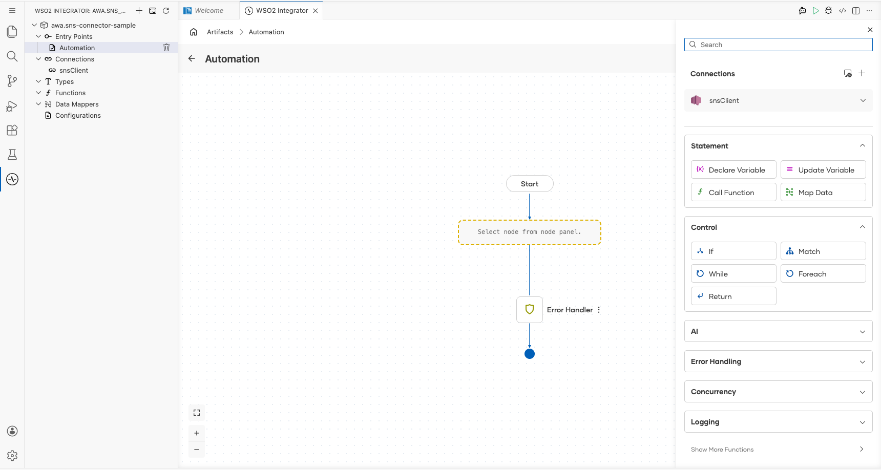 AWS SNS connection node expanded showing all available operations before selection