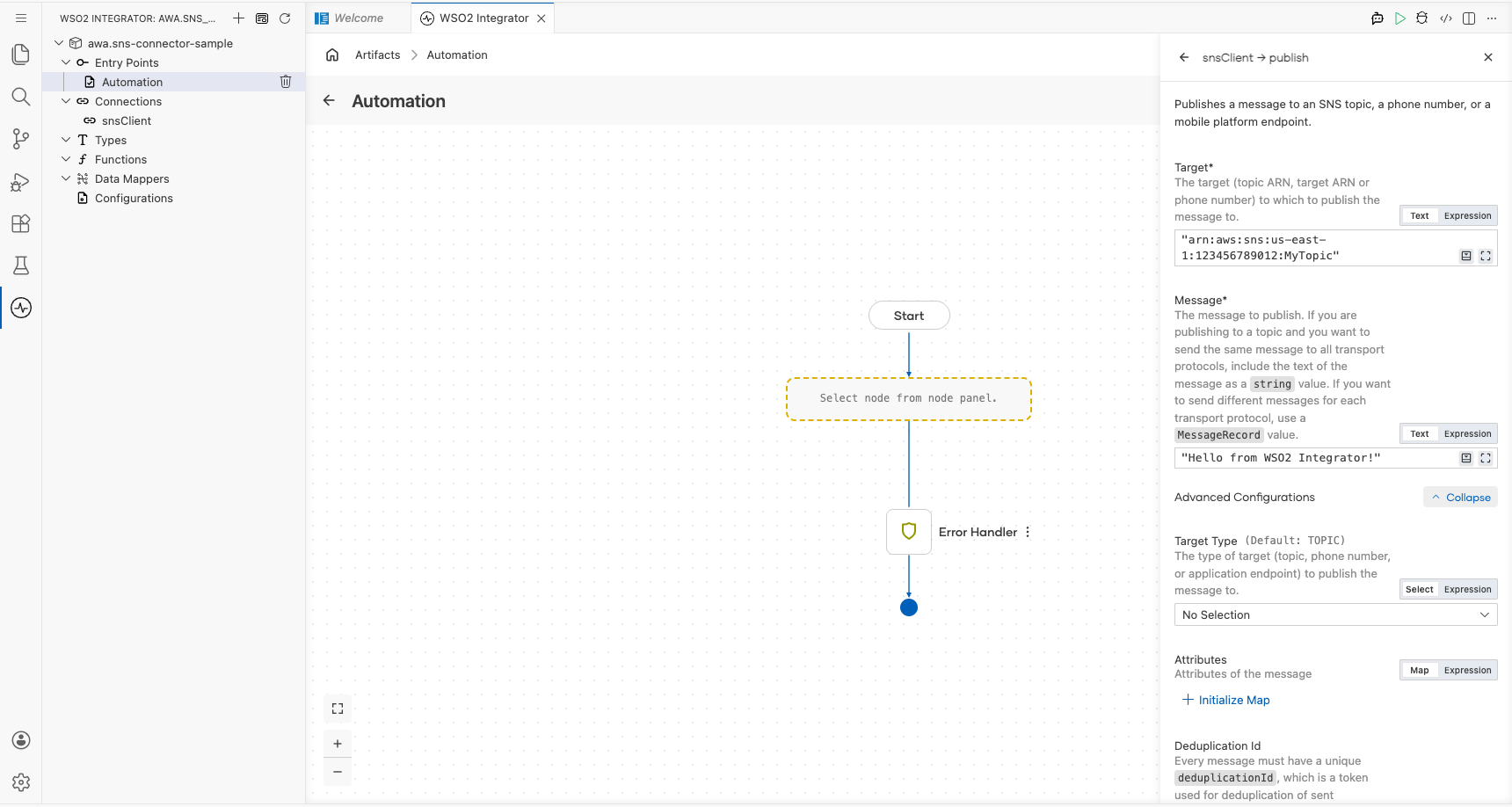 AWS SNS publish operation configuration filled with all values