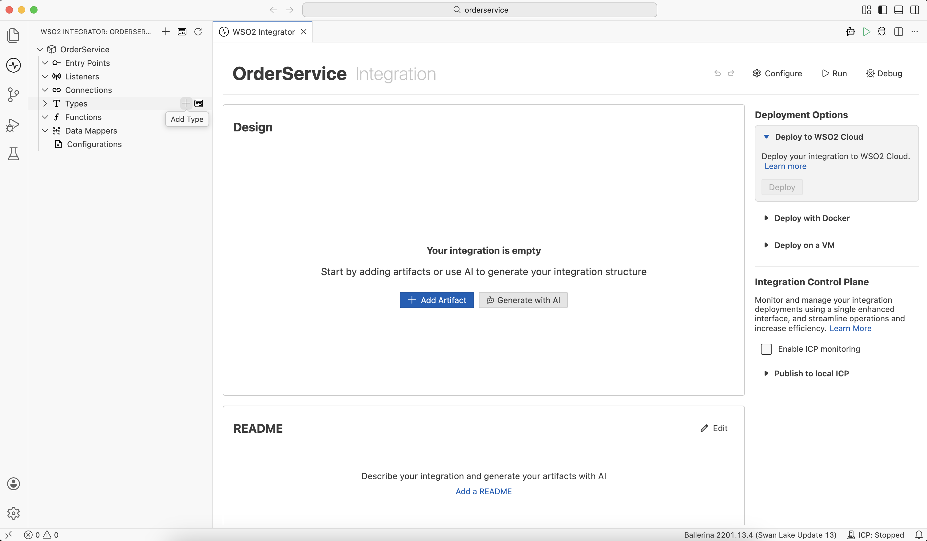 WSO2 Integrator sidebar showing the project structure with Types listed