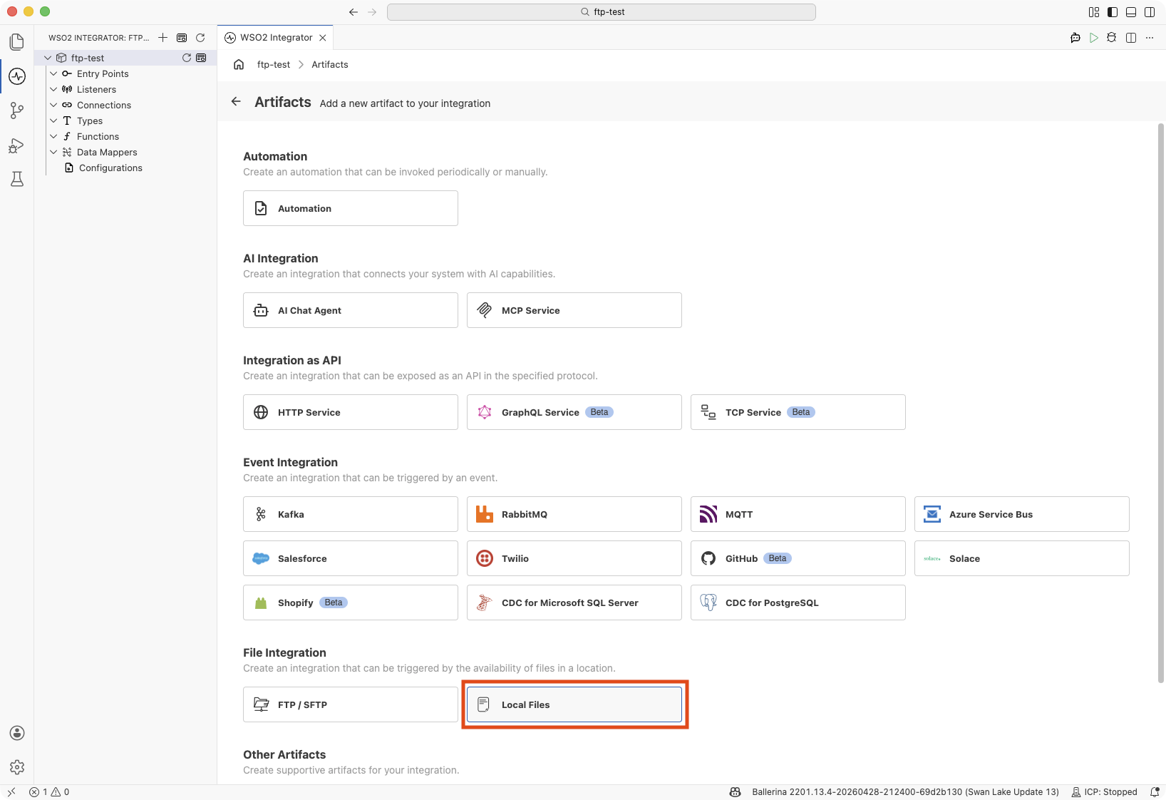 Artifacts panel showing Local Files under File Integration