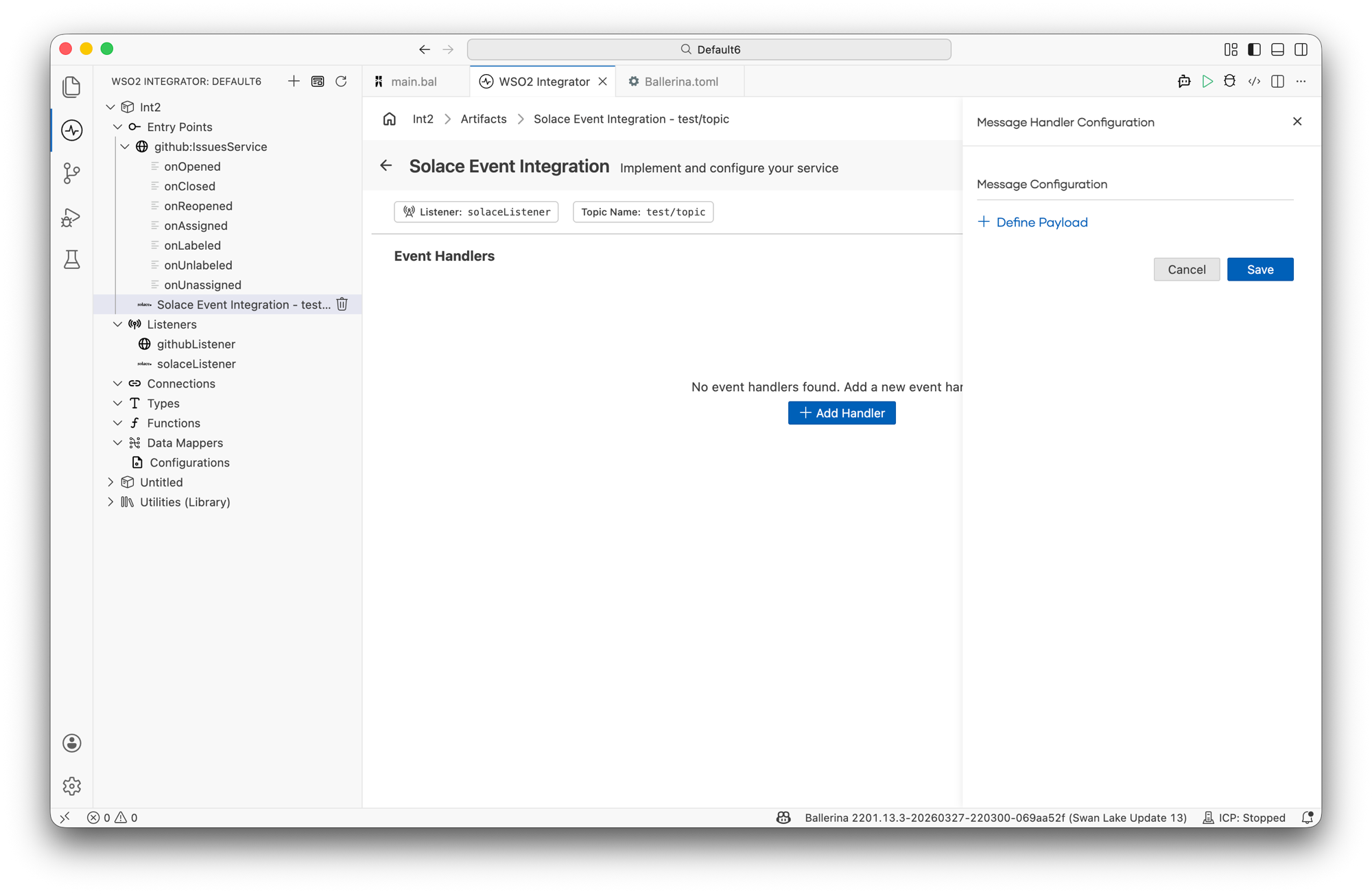 onMessage handler configuration panel
