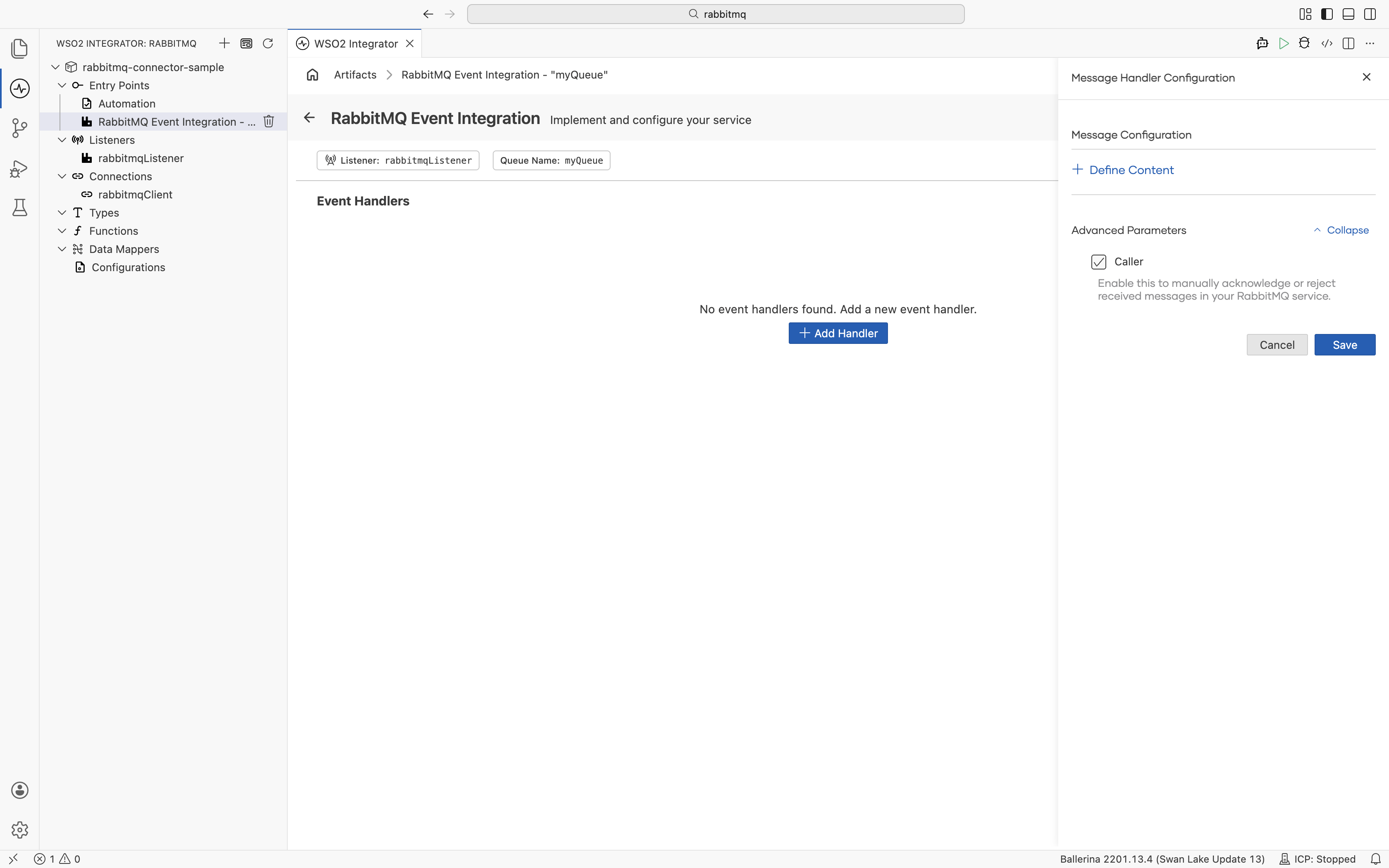onMessage handler configuration panel