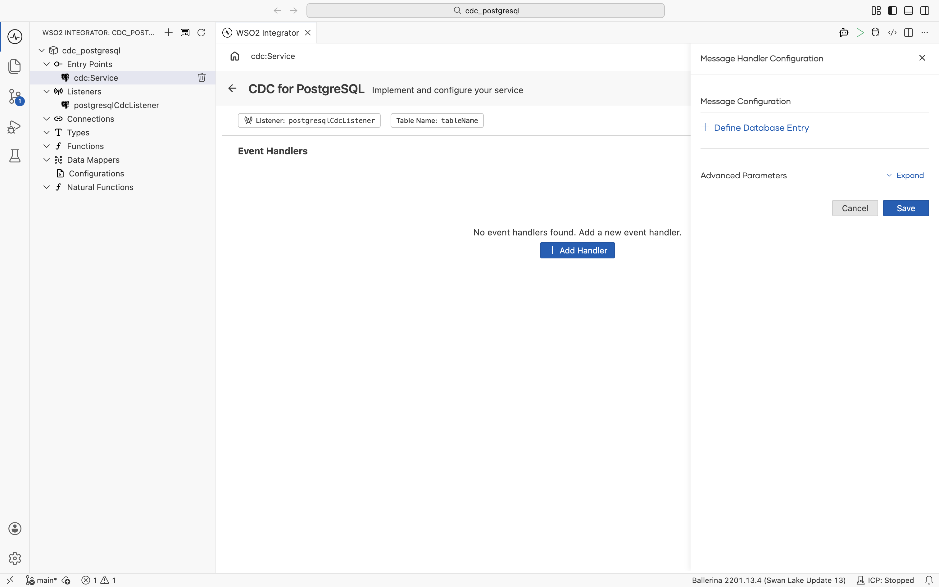 onRead/onCreate/onUpdate/onDelete handler configuration panel