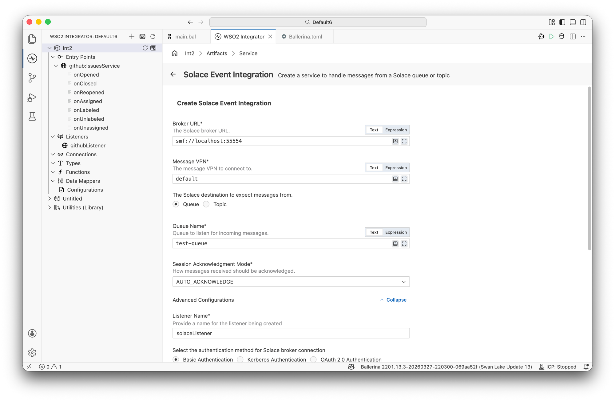 Solace Event Integration creation form
