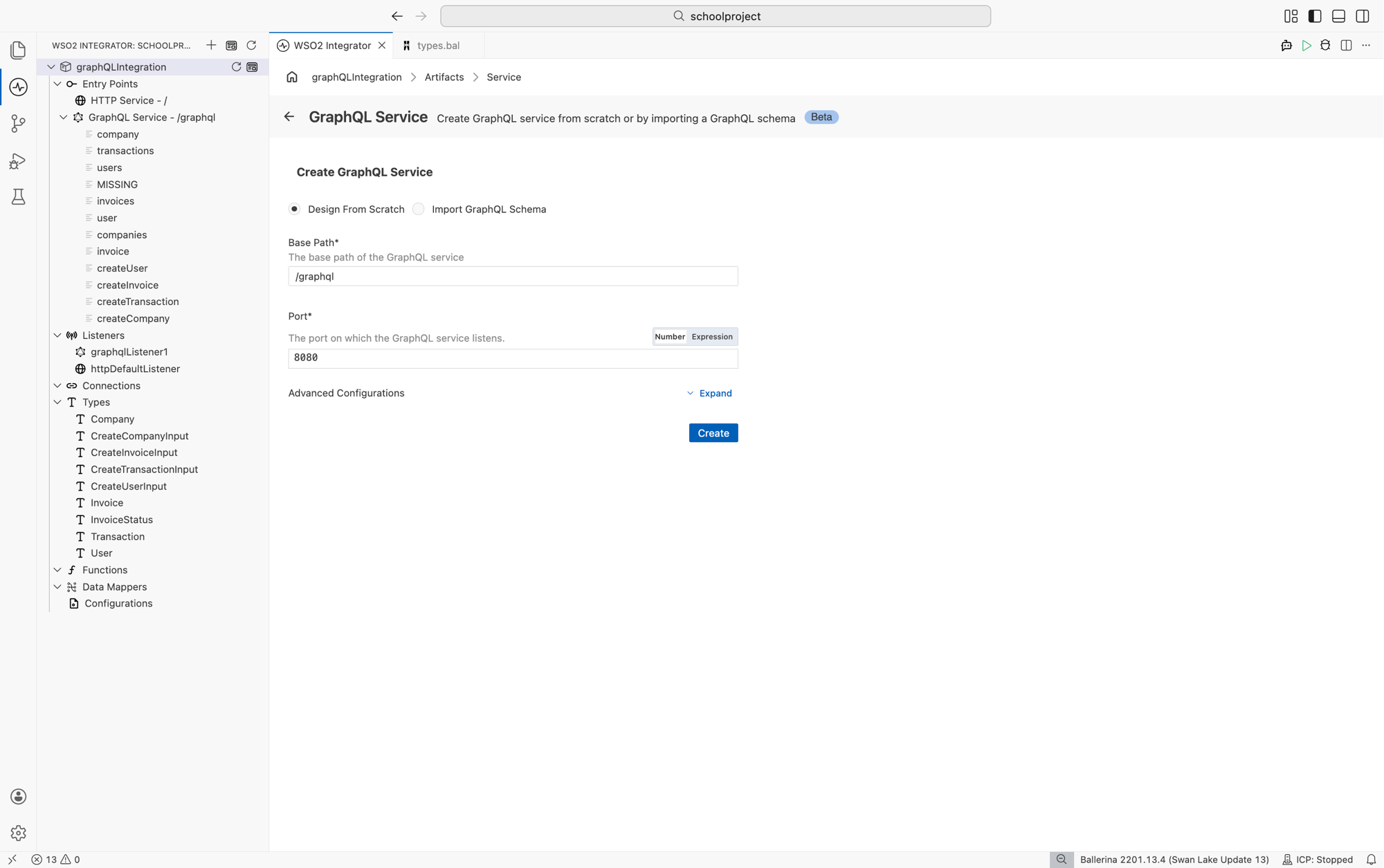 GraphQL Service creation form