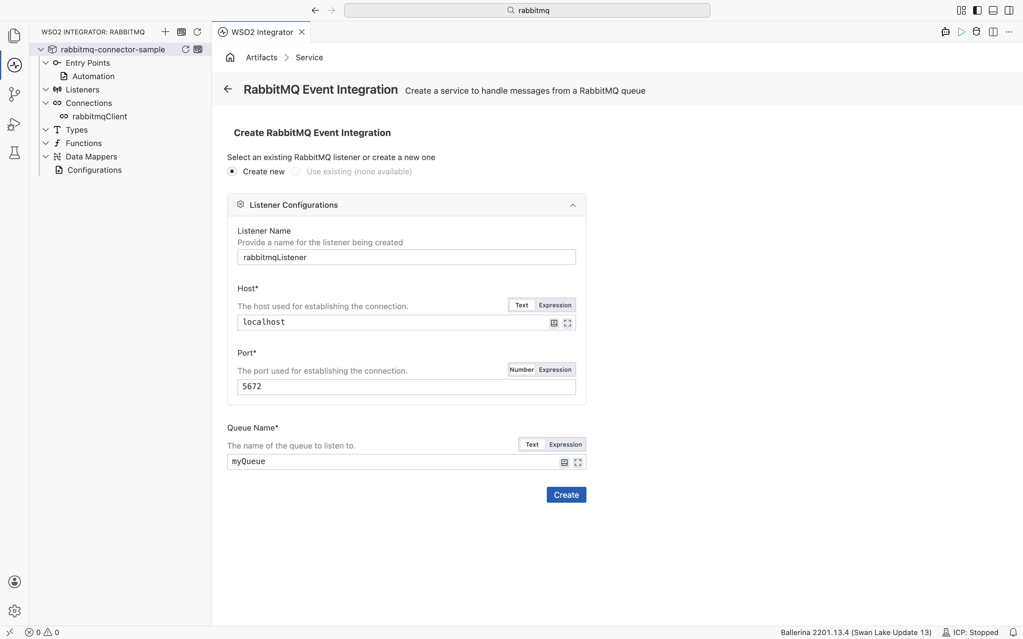 RabbitMQ Event Integration creation form