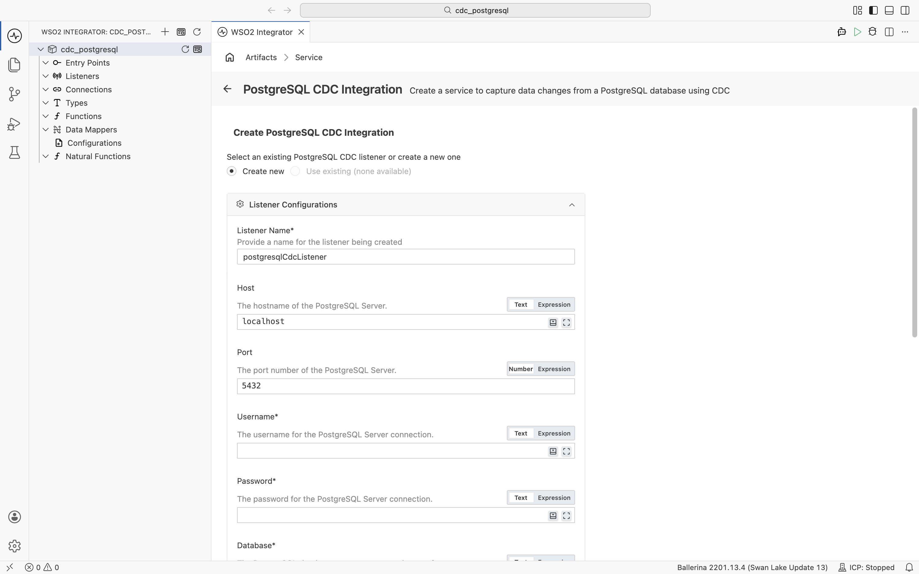 PostgreSQL CDC creation form: connection fields