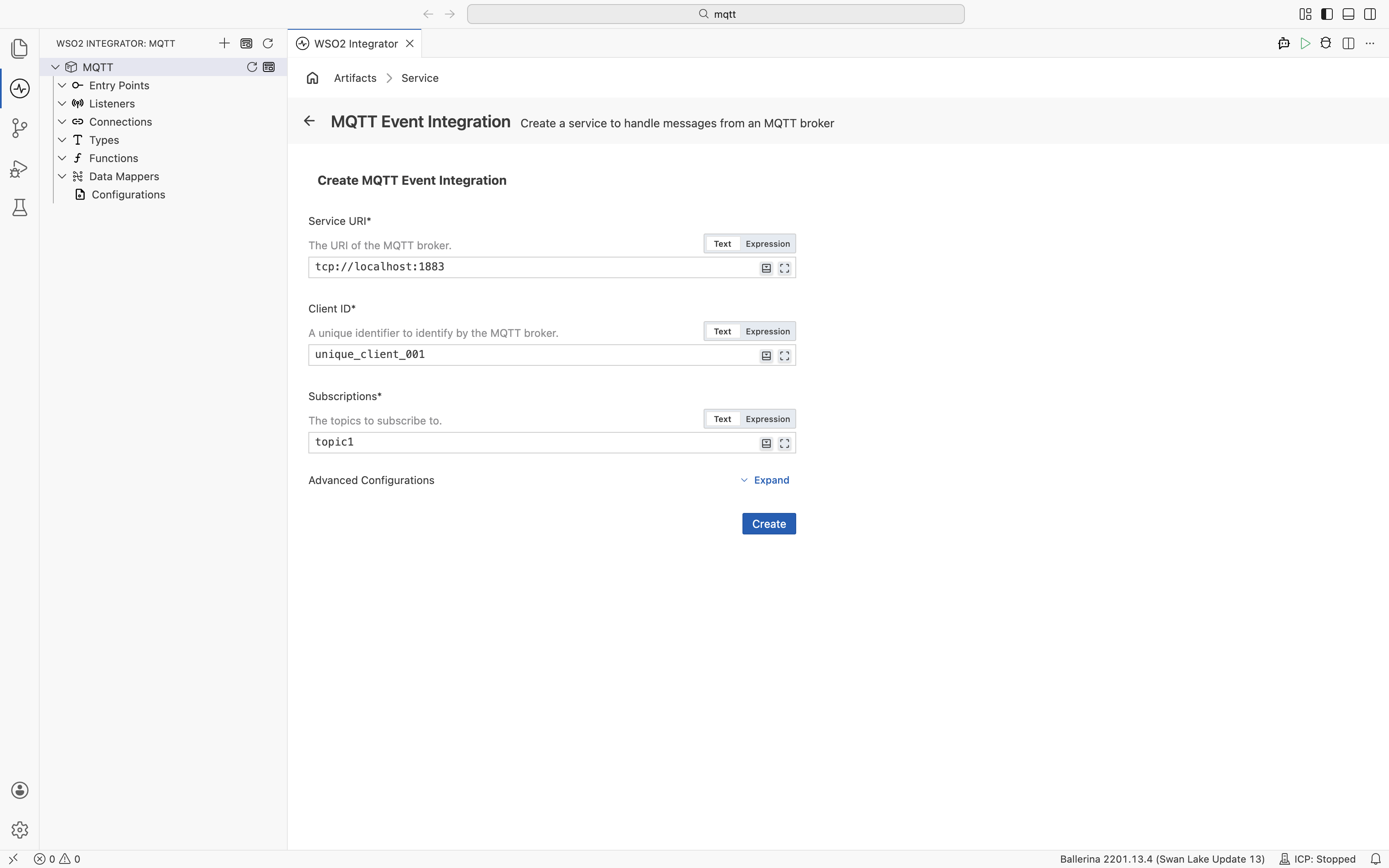 MQTT Event Integration creation form