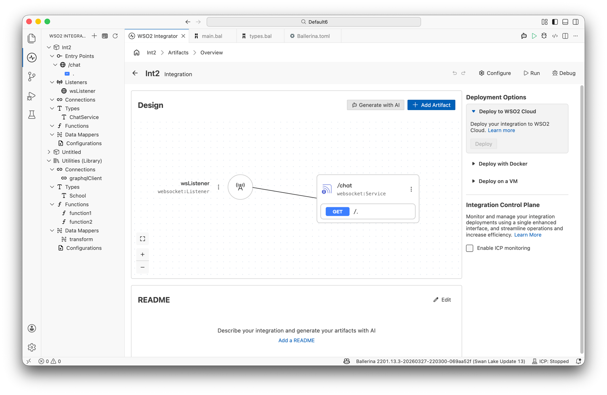 Design canvas showing the /chat websocket node connected to wsListener