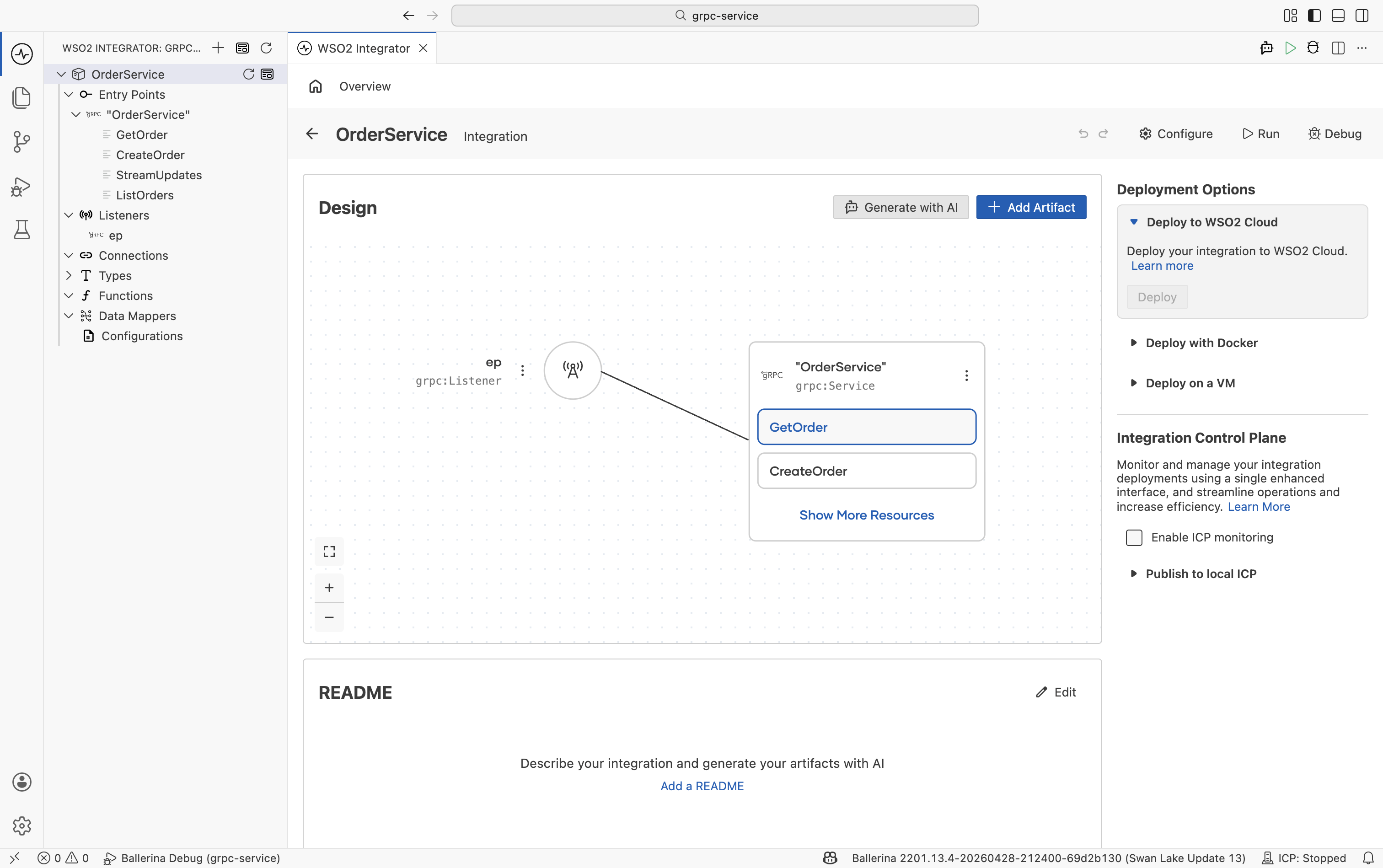 Design canvas showing OrderService as a grpc node