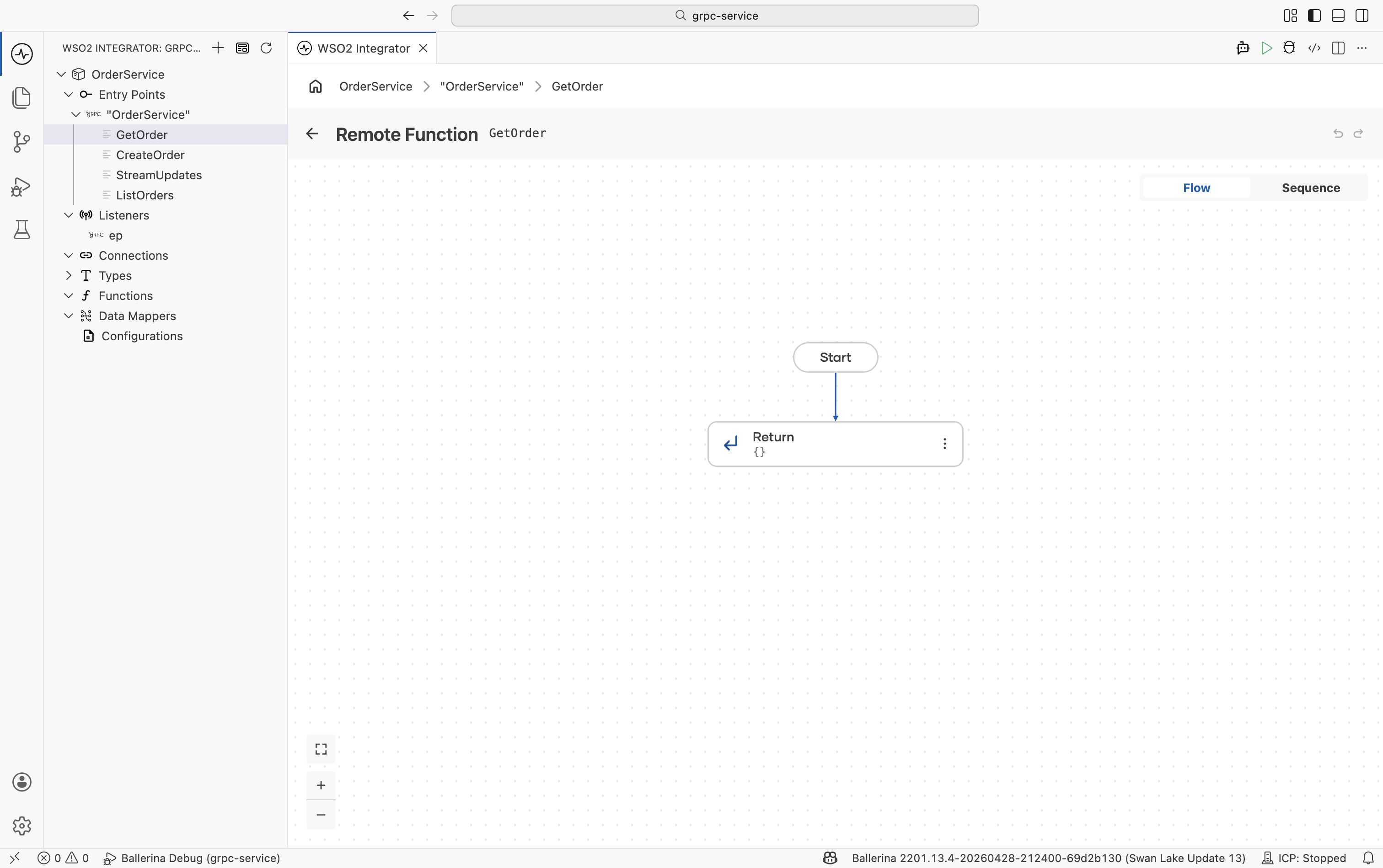 Flow designer for the getOrder remote function