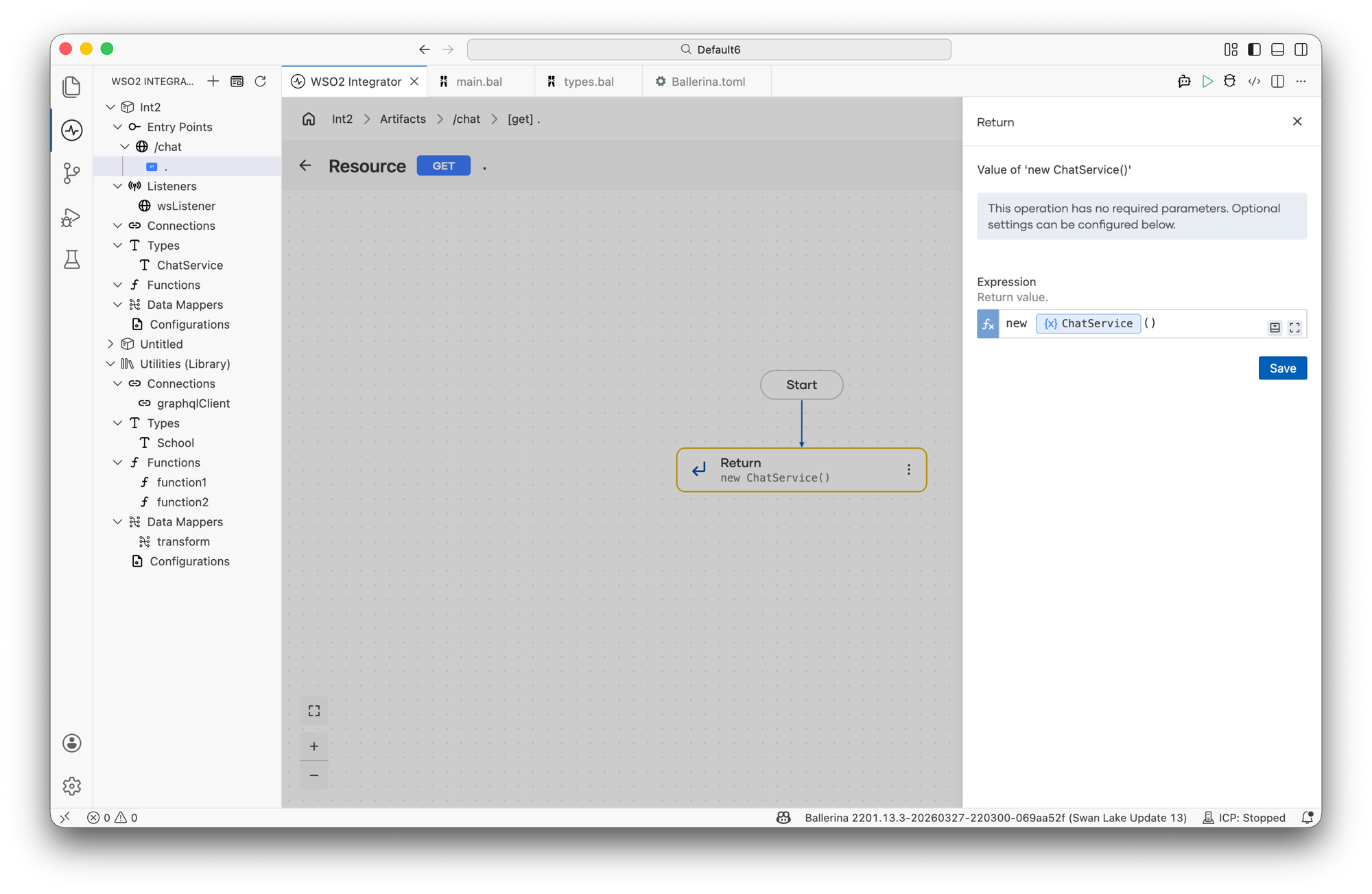 Flow designer for the GET upgrade resource showing the Return step with new ChatService()