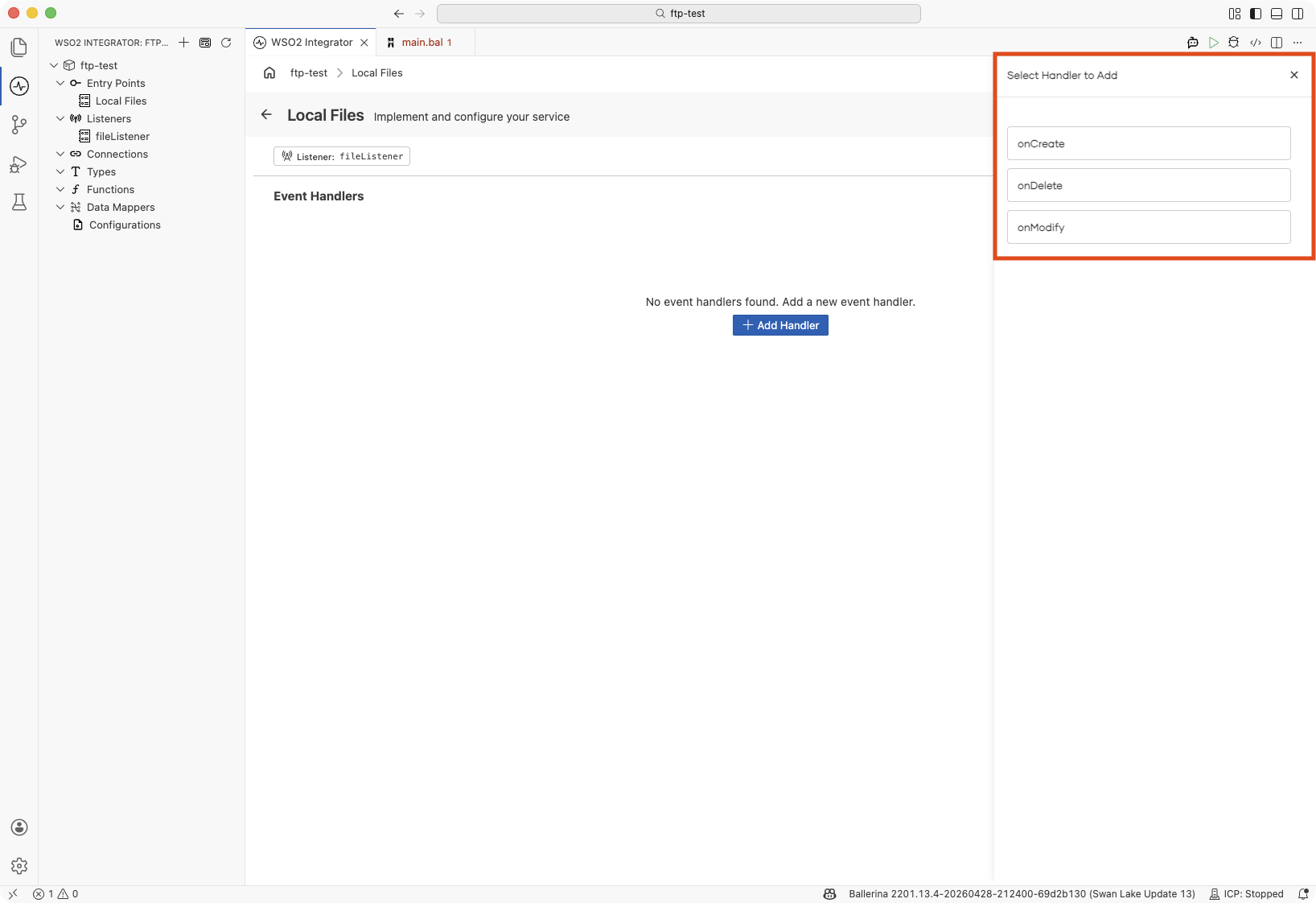 Select Handler to Add panel showing onCreate, onDelete, and onModify event types