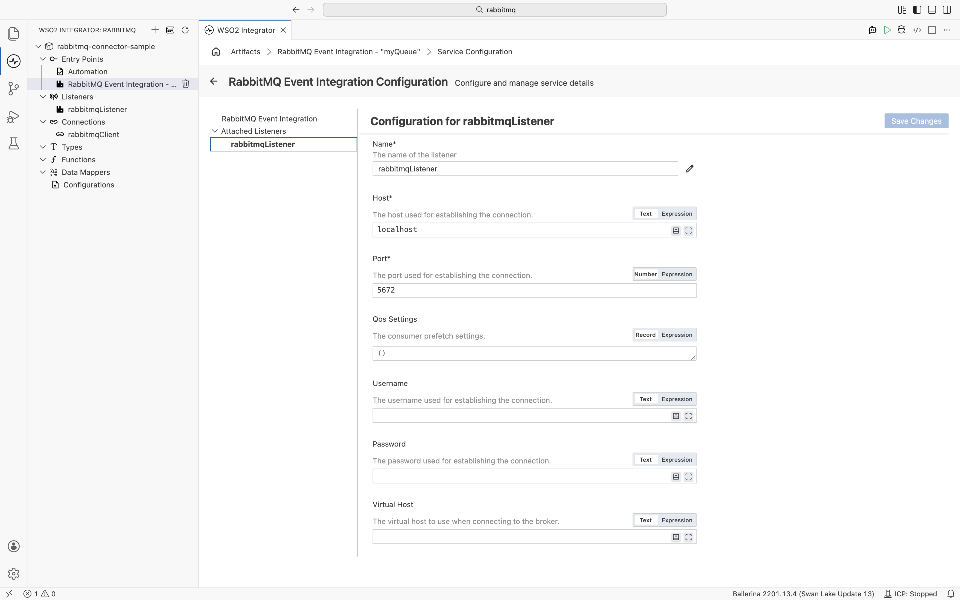 Listener configuration — connection and authentication fields