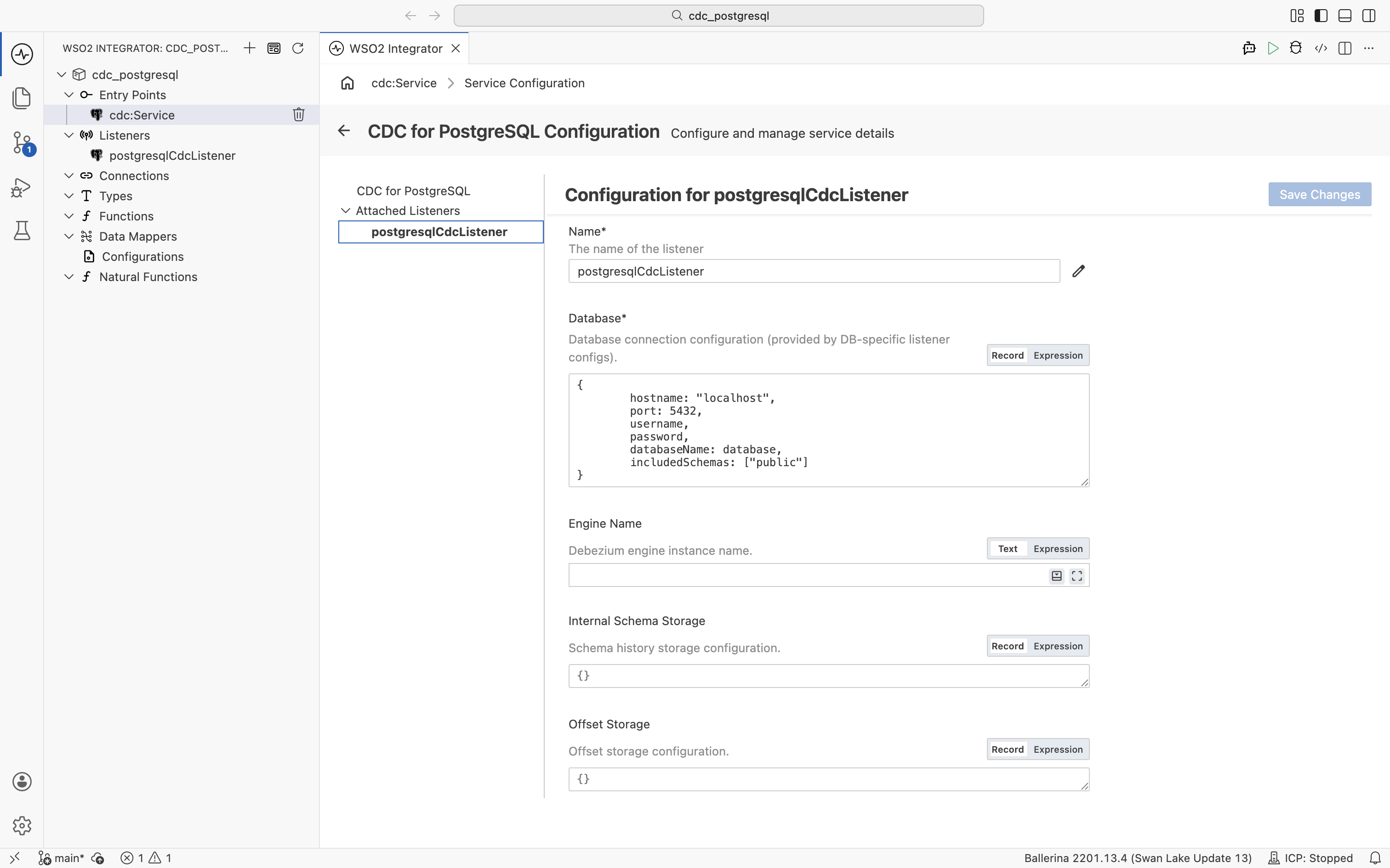 Listener configuration: Database, Engine Name, Internal Schema Storage, Offset Storage, Liveness Interval, Options