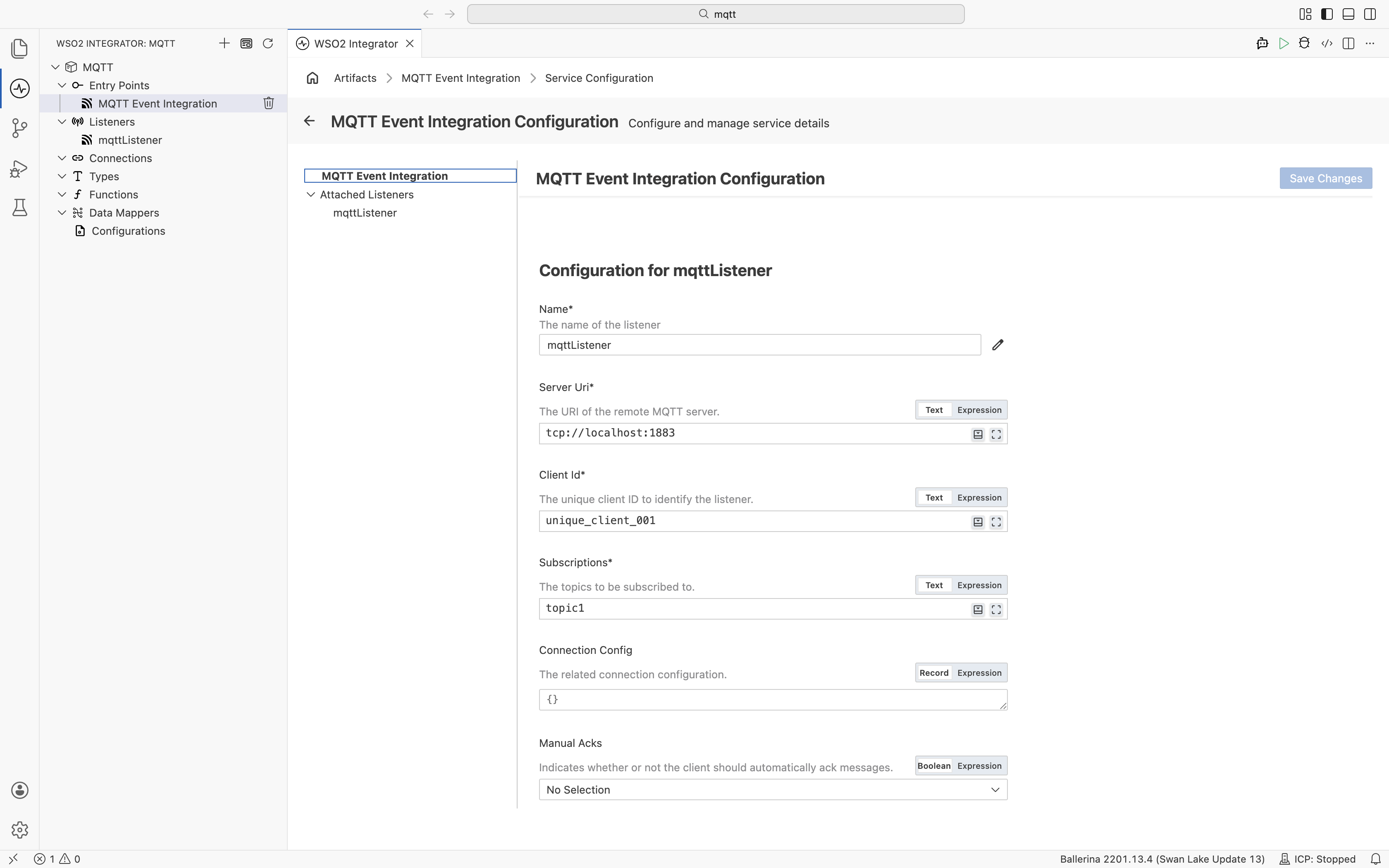 MQTT Event Integration Configuration panel