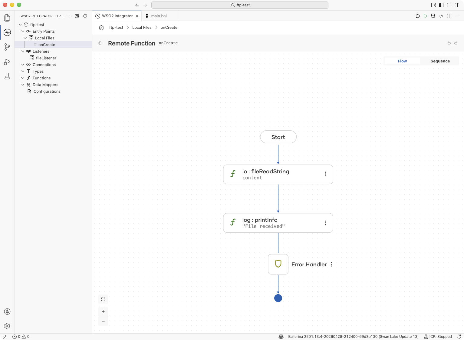 Handler canvas showing the Call Function and Log Info nodes wired up to read and log file content