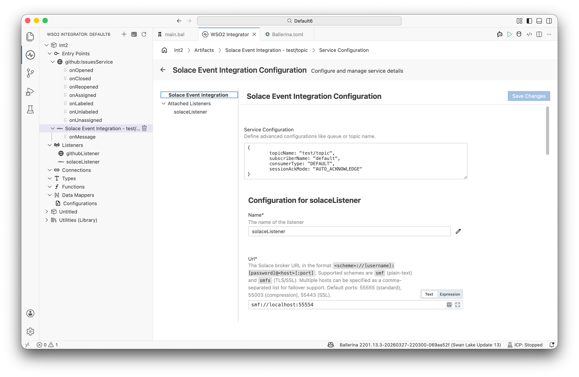 Solace Event Integration Configuration panel — service config and listener URL