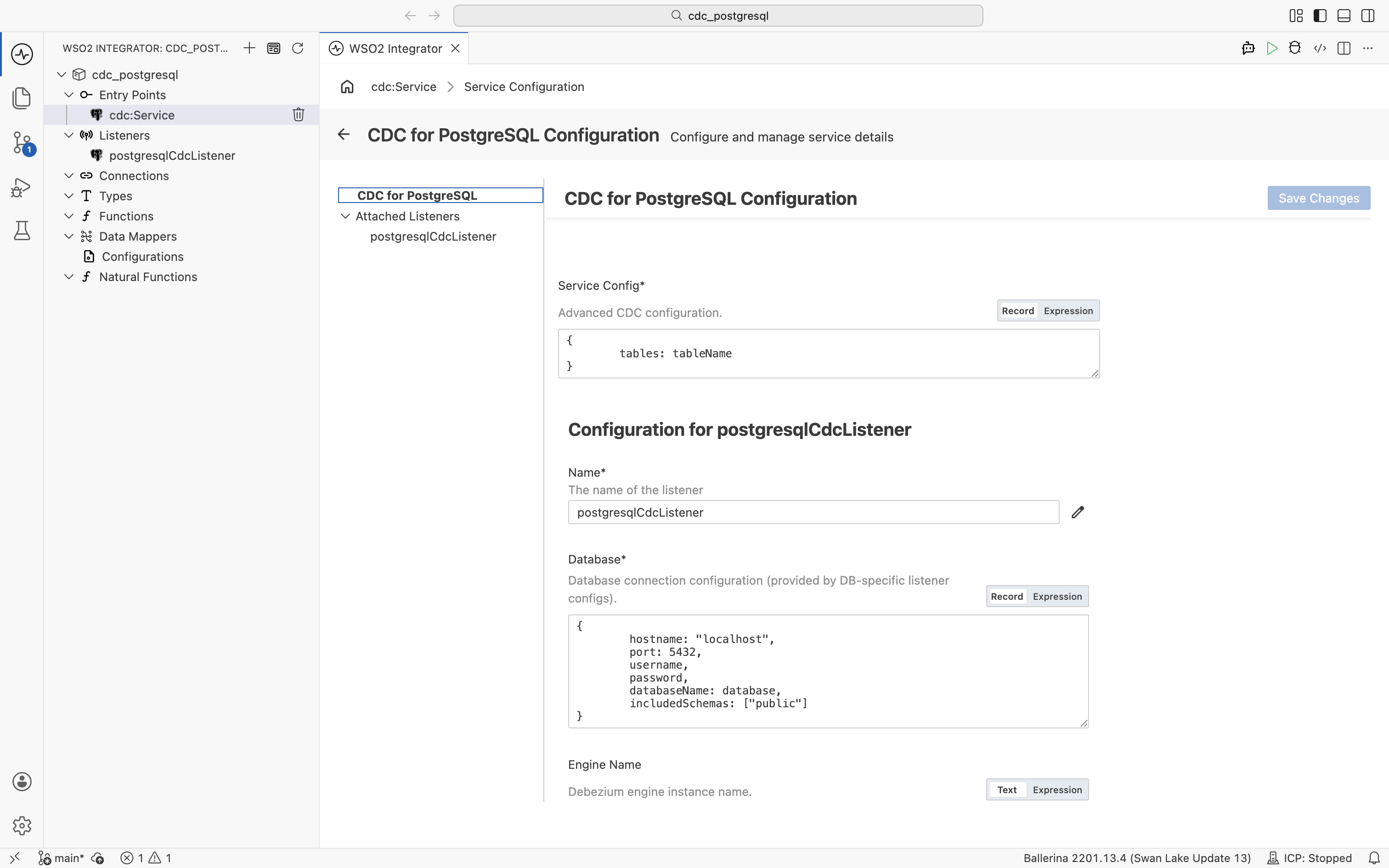 PostgreSQL CDC Configuration panel: service config and listener connection