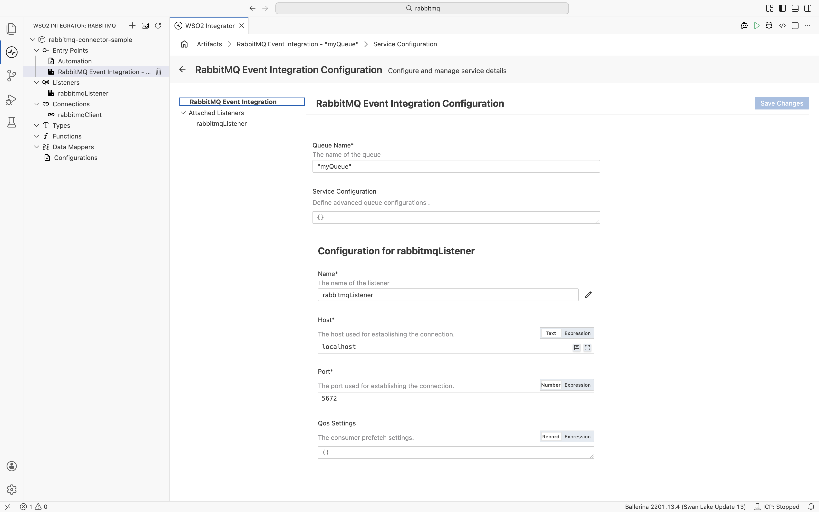 RabbitMQ Event Integration Configuration panel