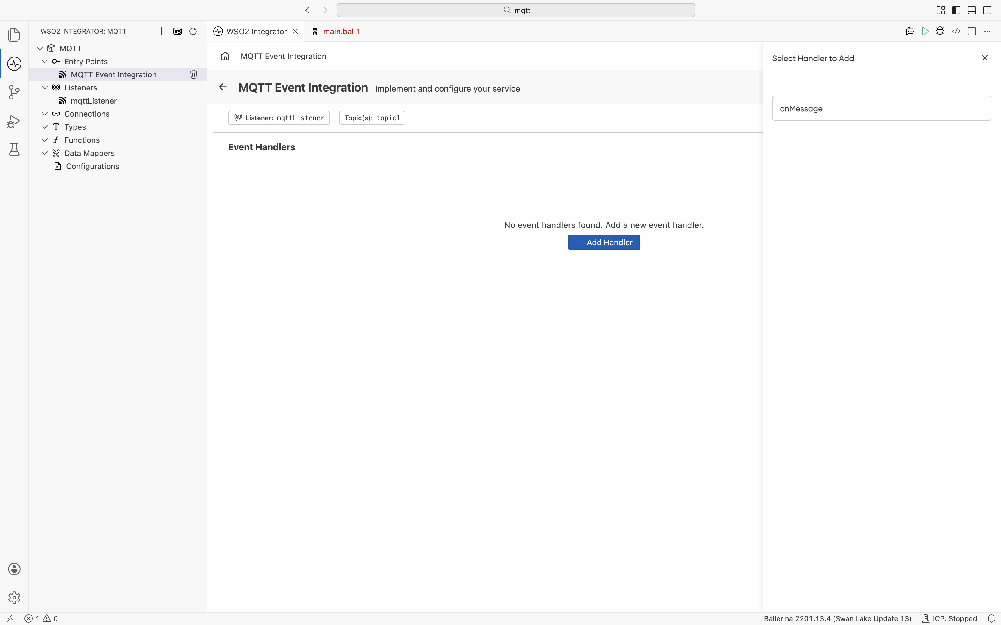 Service Designer showing the MQTT service canvas