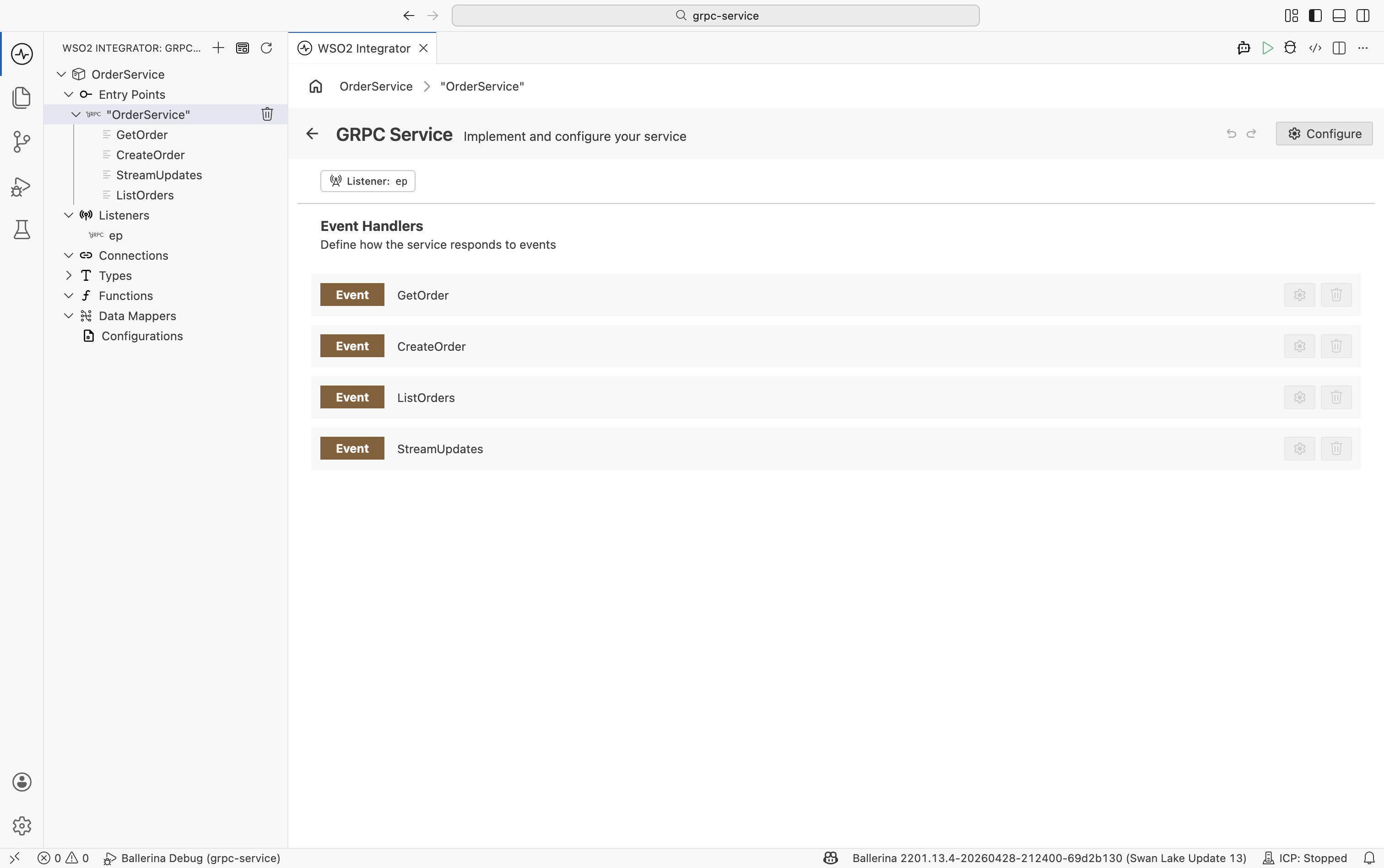 GRPC Service designer showing event handlers
