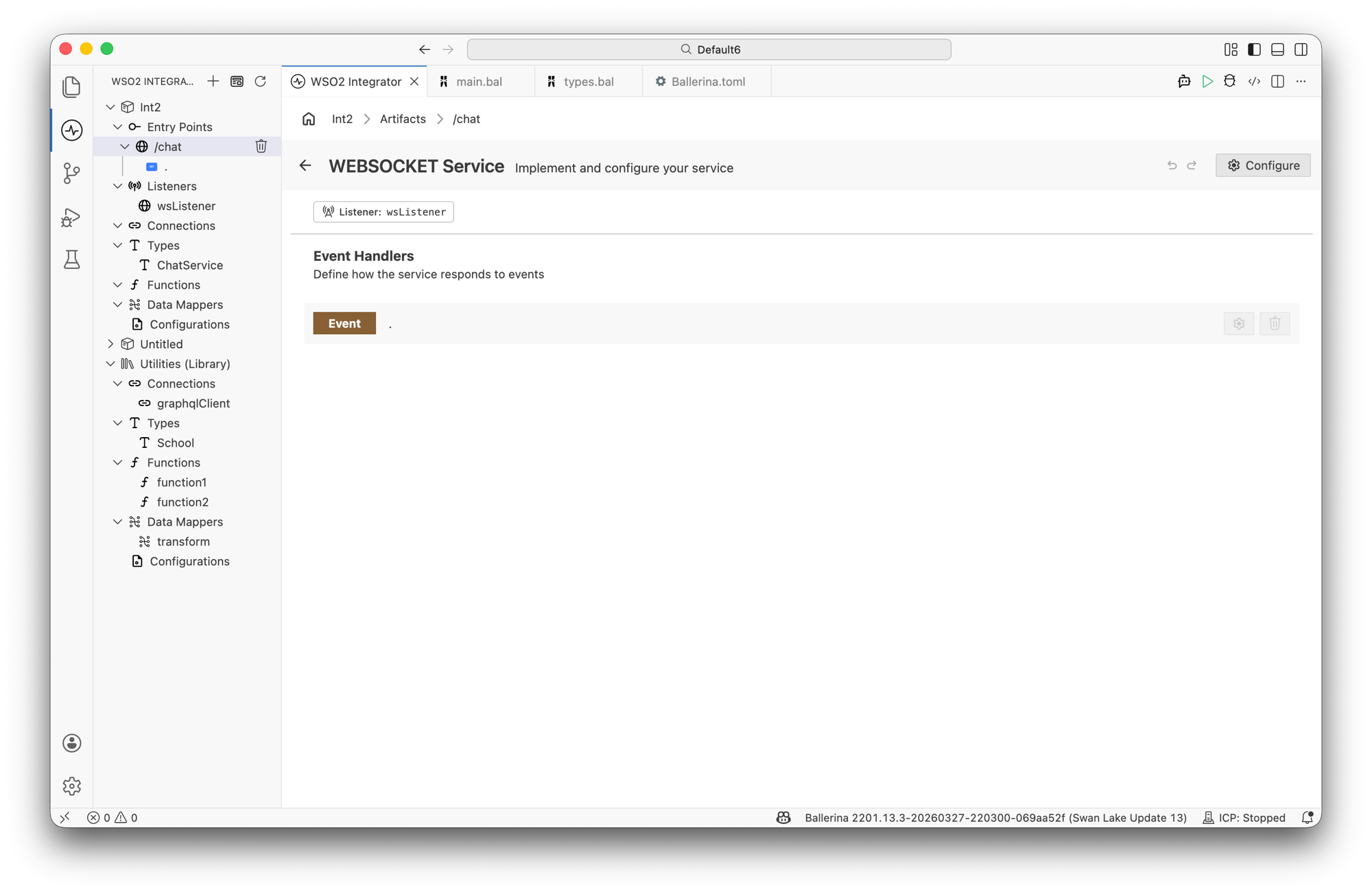 WebSocket Service designer showing Event Handlers with the upgrade resource