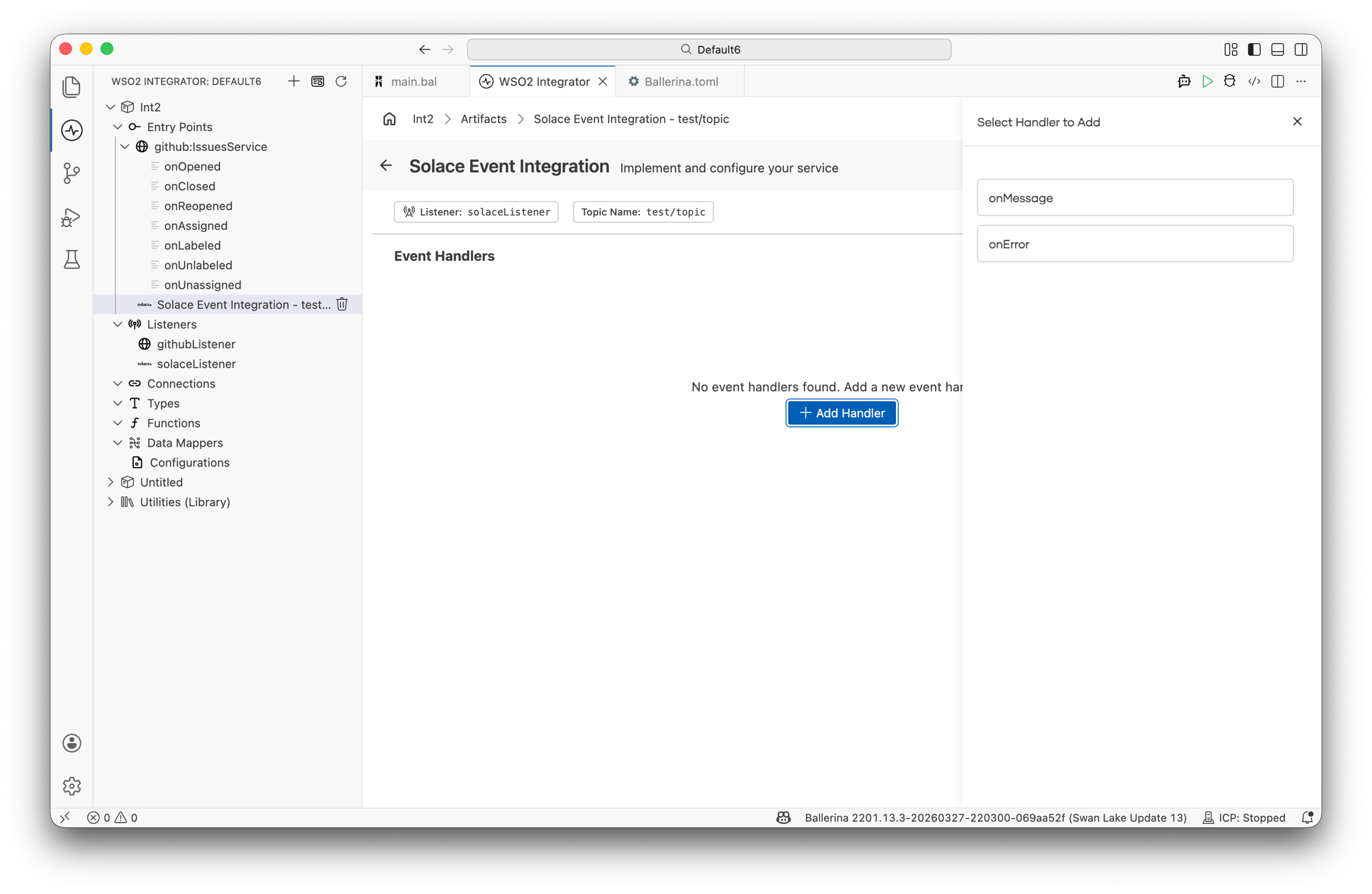 Service Designer showing the Solace Event Integration canvas