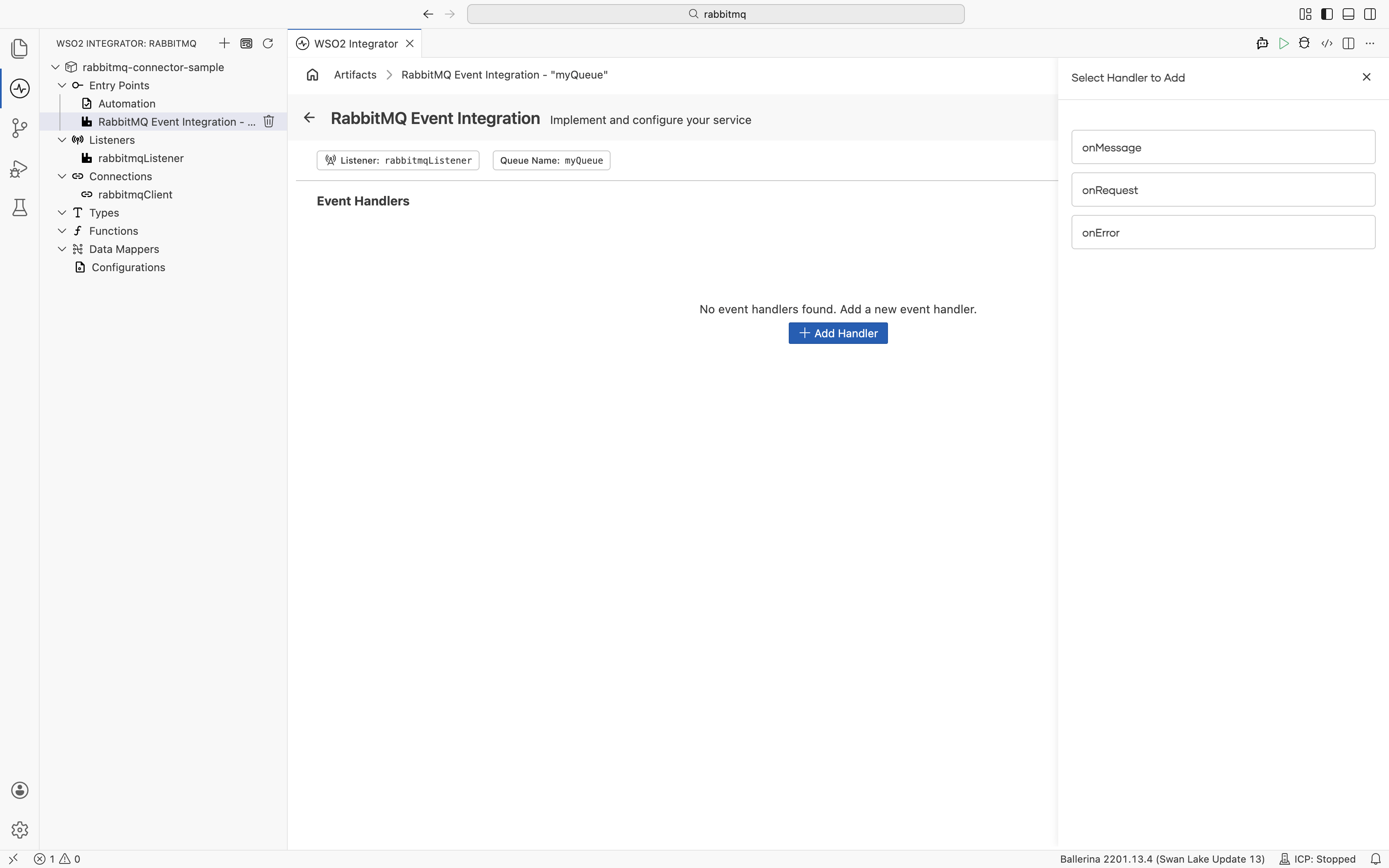 Service Designer showing the RabbitMQ service canvas