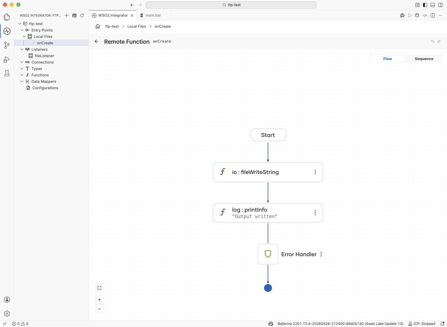 Handler canvas showing the Call Function and Log Info nodes wired up to write a file and log a confirmation