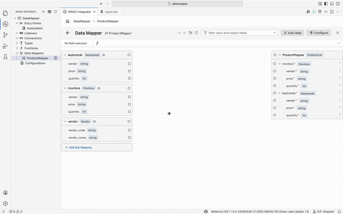 Add Sub Mapping action with the ProductMapper canvas open