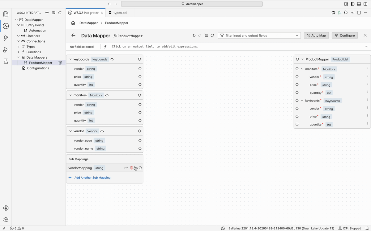 Sub Mappings section in the left panel with vendorMapping mapped to output fields