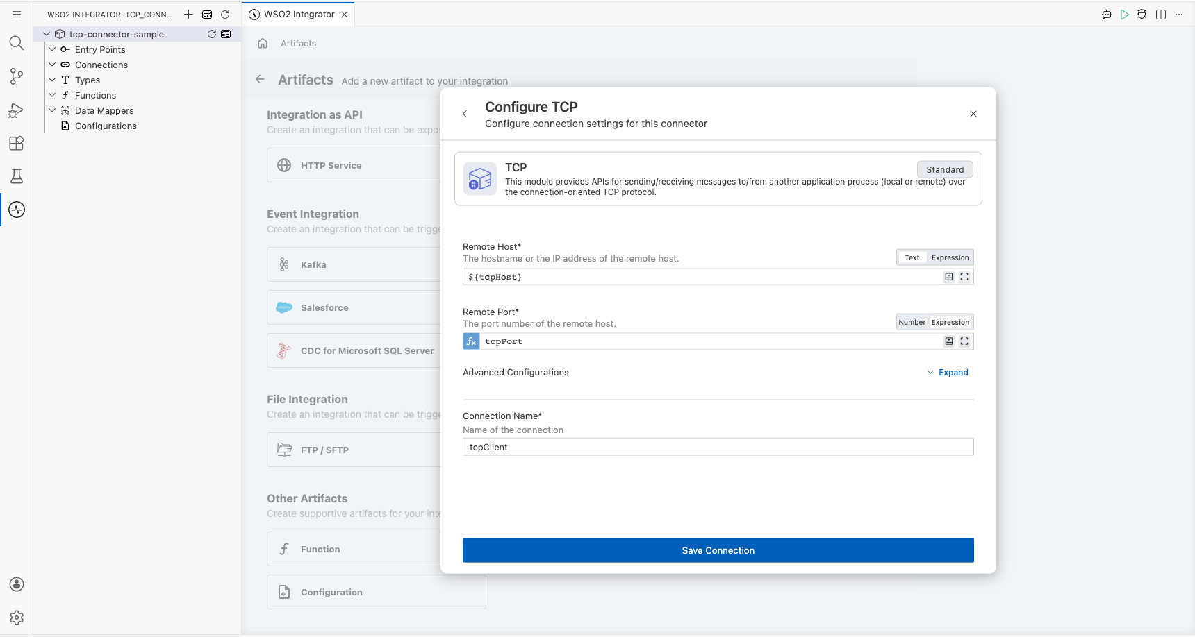 TCP connection form fully filled with all parameters before saving