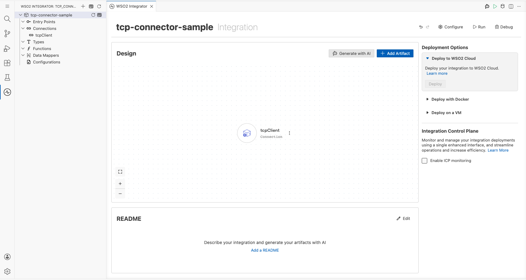 TCP Connections panel showing tcpClient entry after saving