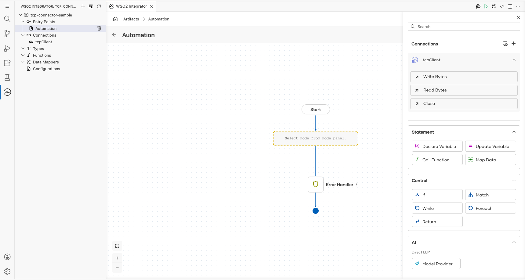 TCP connection node expanded showing all available operations before selection
